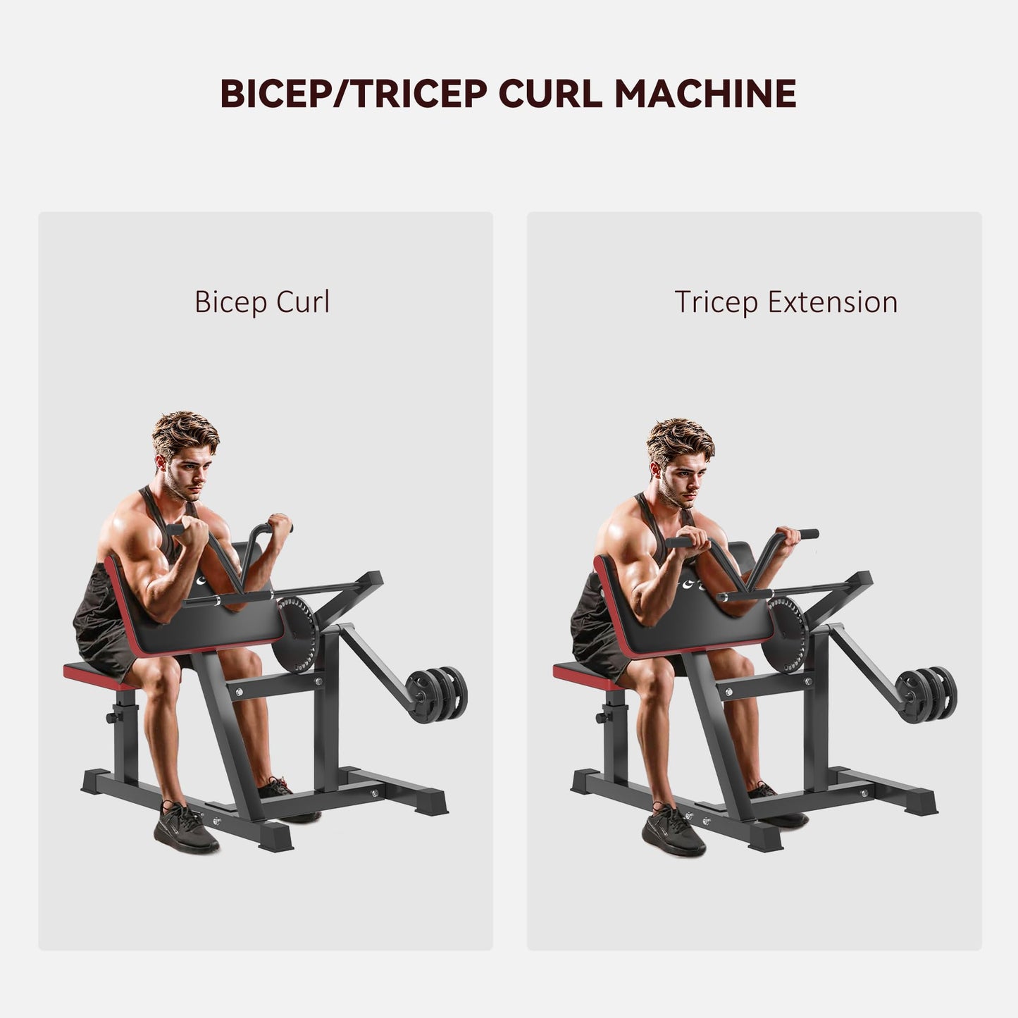 Soozier 2-in-1 Bicep Preacher Curl Bench with Adjustable Seat and Elbow Cushion, Plate Loaded Bicep Curl Machine & Tricep Extension Machine for Home Gym Workout