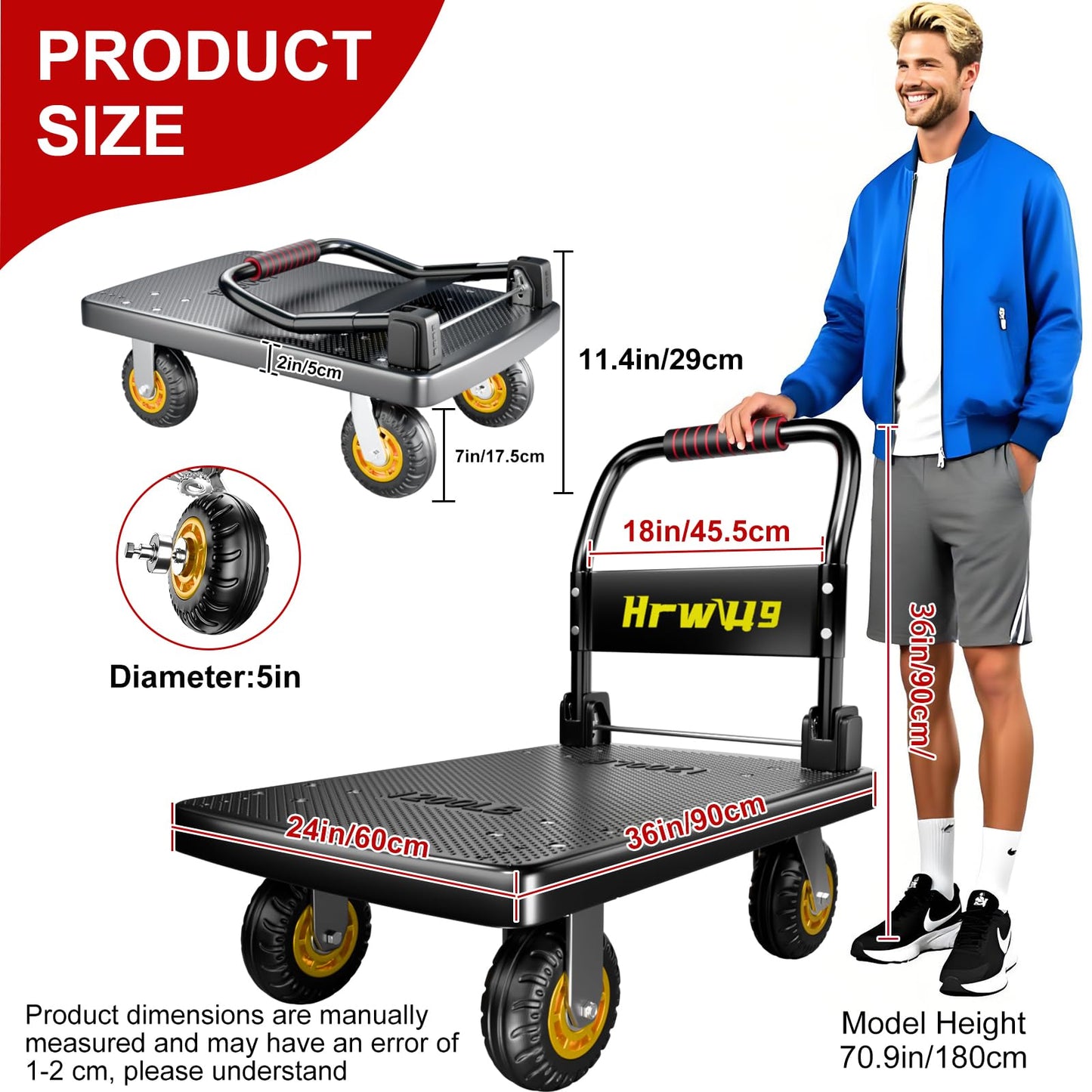 Hand Cart Dolly, Push Cart with 360 Swivel 5'' Wheels, 1200LBS Capacity, Dolly Cart with Wheels Warehouse Cart for Groceries, Garage, Warehouse - Black