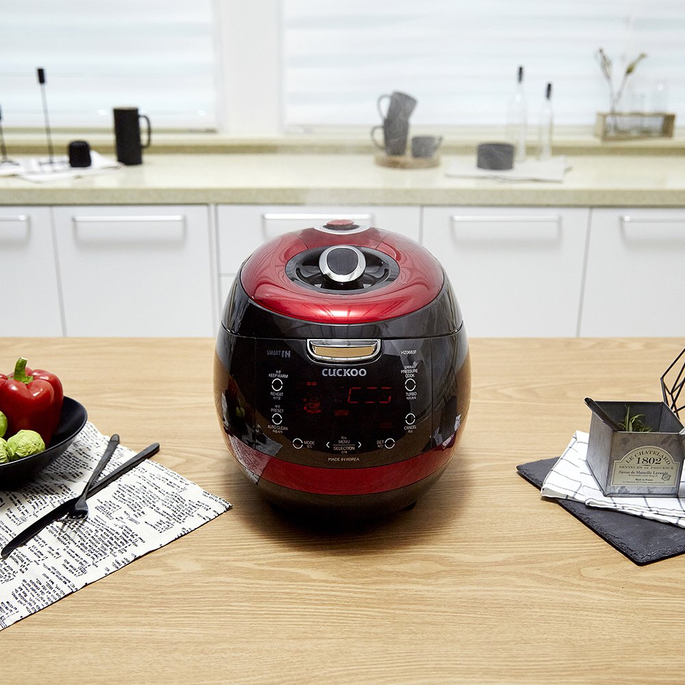 CUCKOO IH Pressure Rice Cooker 16 Menu Options: White, Brown, Porridge, Sushi, & More, LED Screen, Fuzzy Logic Tech, 26 PSI (Pressure), 6 Cups / 1.5 Quarts (Uncooked) CRP-HZ0683FR Red/Black