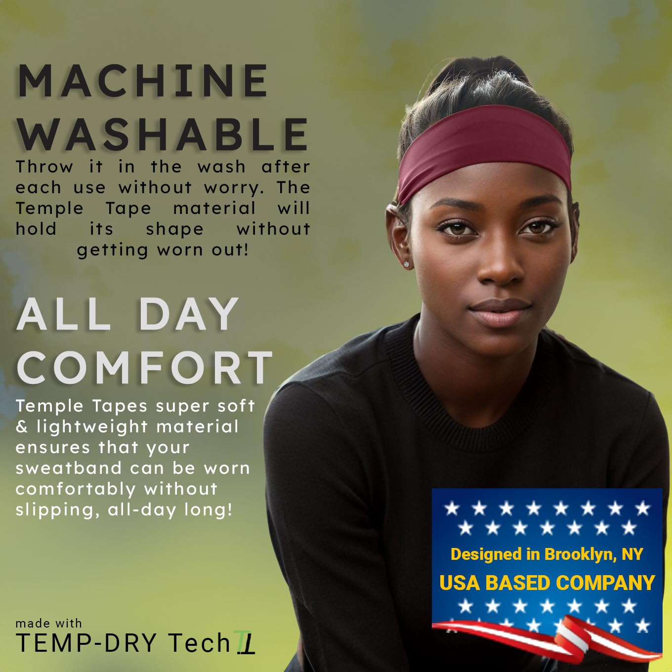 Temple Tape, Headbands for Men and Women - Mens Sweatband & Sports Headband Moisture Wicking Workout Sweatbands for Running, Cross Training, Yoga and Bike Helmet Friendly - Burgundy