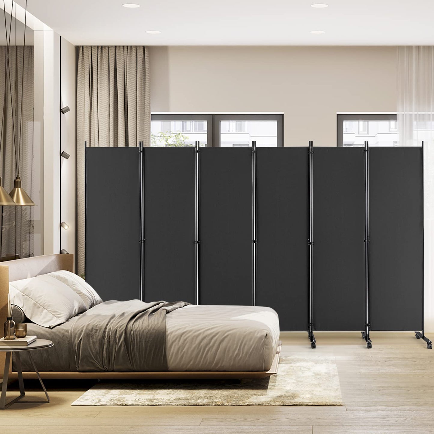 Giantex 5.7Ft 6-Panel Folding Room Divider with Rollers Grey- 132" Wide Large Rolling Foldable Privacy Screen, Lightweight Portable Wall Partition Separation Room Dividers with Wheels