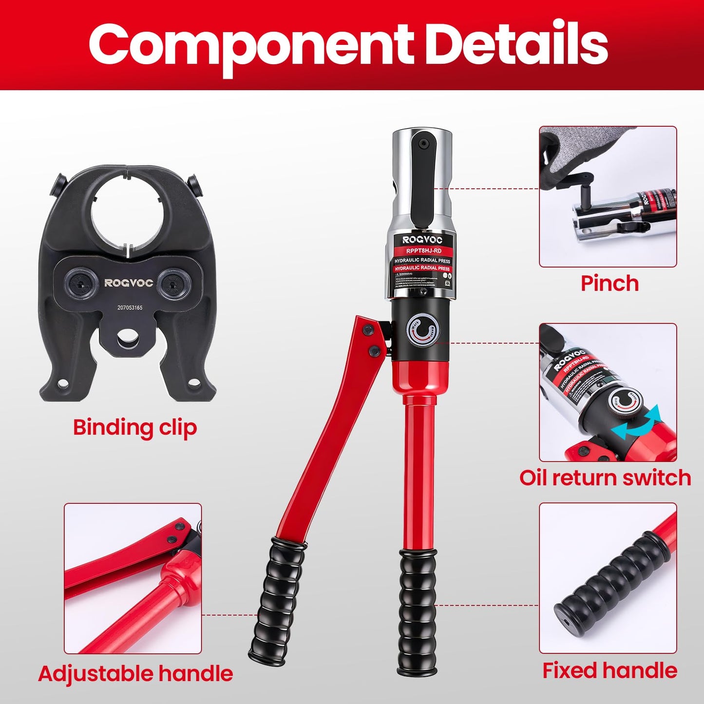 ROGVOC Hydraulic ProPress Tool, Copper Pipe Crimping Tool with 1/2, 3/4, 1 Inch Jaws, Compact Hydraulic Press Tool for Copper Tube Fittings, Ideal for Tight Spaces and Most Copper Press Systems