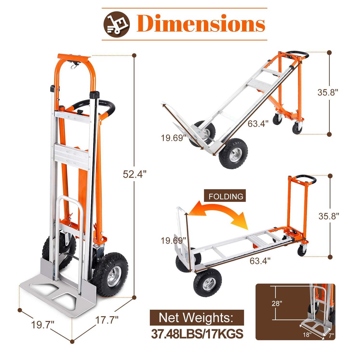 EASYBERG 4-in-1 Heavy Duty Convertible Hand Truck, 770 lbs Capacity Aluminum Folding Hand Truck Dolly Cart with 10" Rubber Wheels, Adjustable for Home, Office, Warehouse, Moving