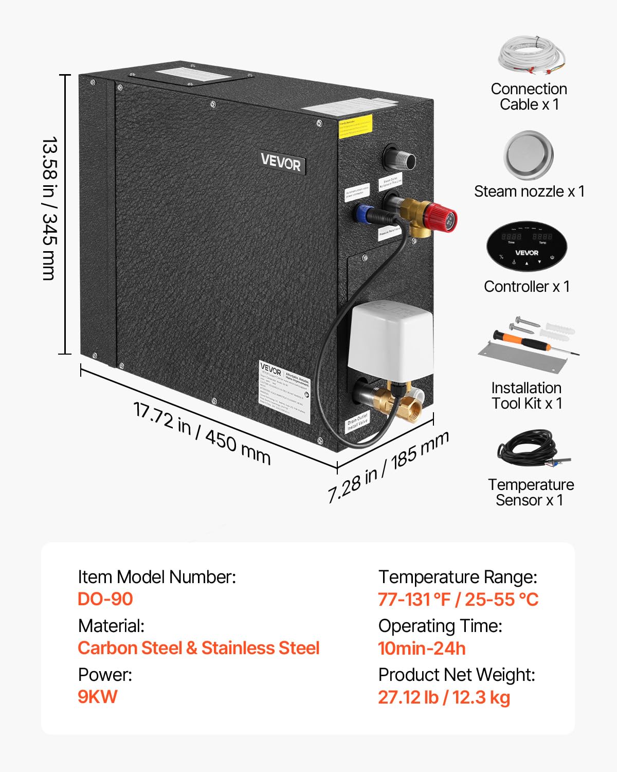 VEVOR Steam Generator, 9 kW Steam Shower System with Controller for Home Sauna & Spa, Commercial Auto Drain Kit with Overheat, Dry-Run & Overpressure Protection, 10min to 24h Timer, Black