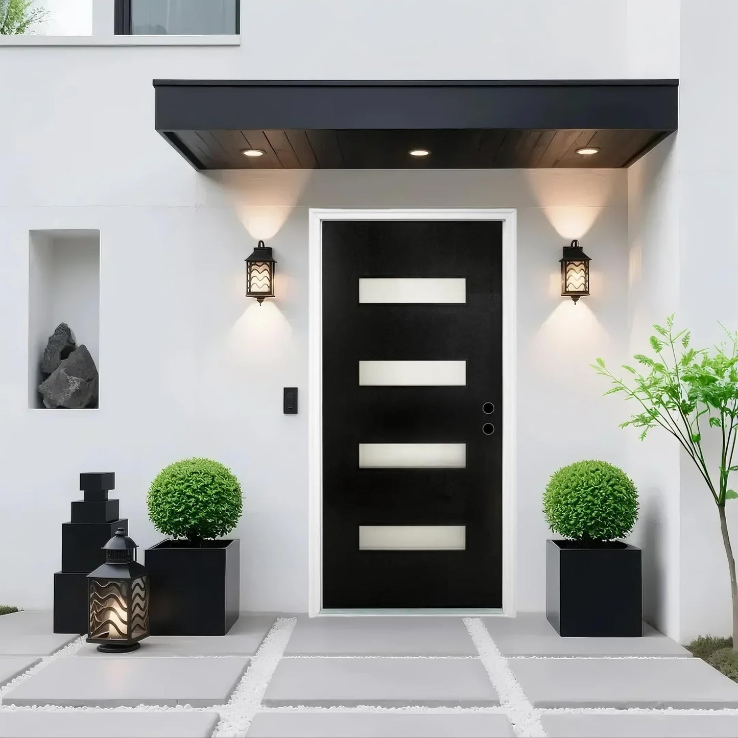Fiberglass Entry Door Left Hand Inswing, 36 x 80, 4 Lite Frosted Glass 4-9/16 in. Vinyl Frame, Contemporary Style for Home's Front Entrance, Black Finished Knock-Down Entry Door