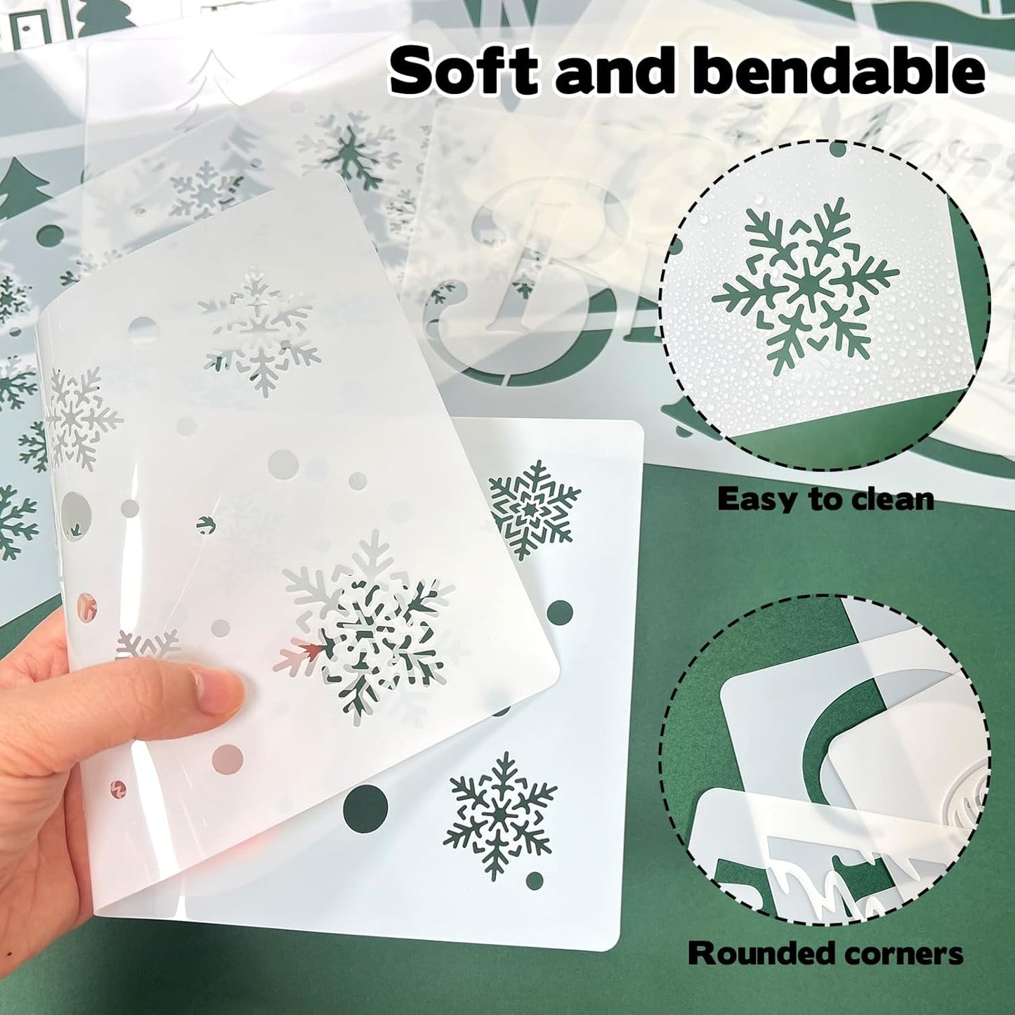 Skiennix Large Christmas Stencils - 12 Pcs Winter House, Snowflake & Pine Tree Designs for Painting on Wood & Glass
