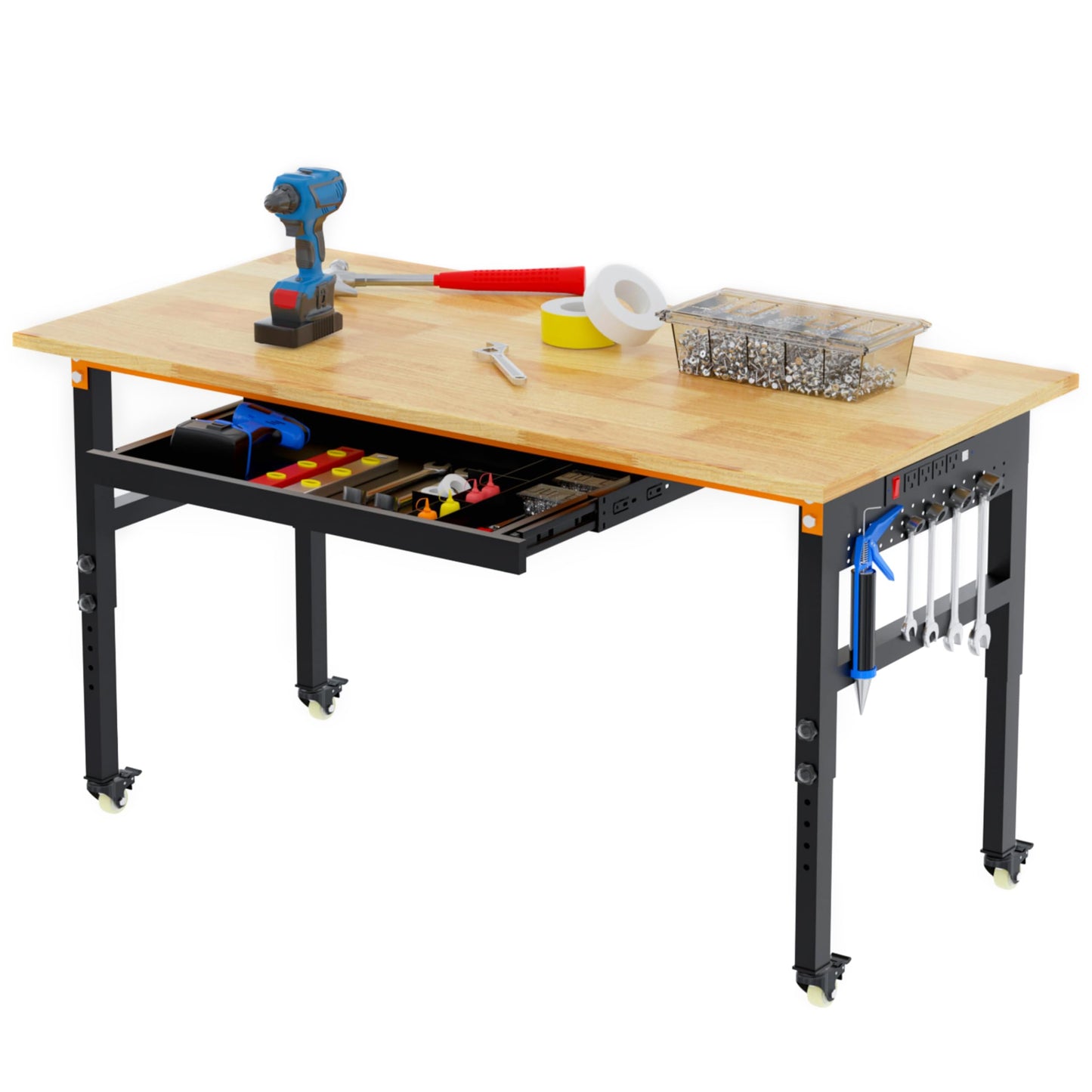 Betterhood 60" Adjustable Workbench on Wheels, 2000 LBS Heavy Duty Work Table with Power Outlets & Pegboard, Rubber Wood Workstation for Garage, Workshop, Office, Home, Commercial