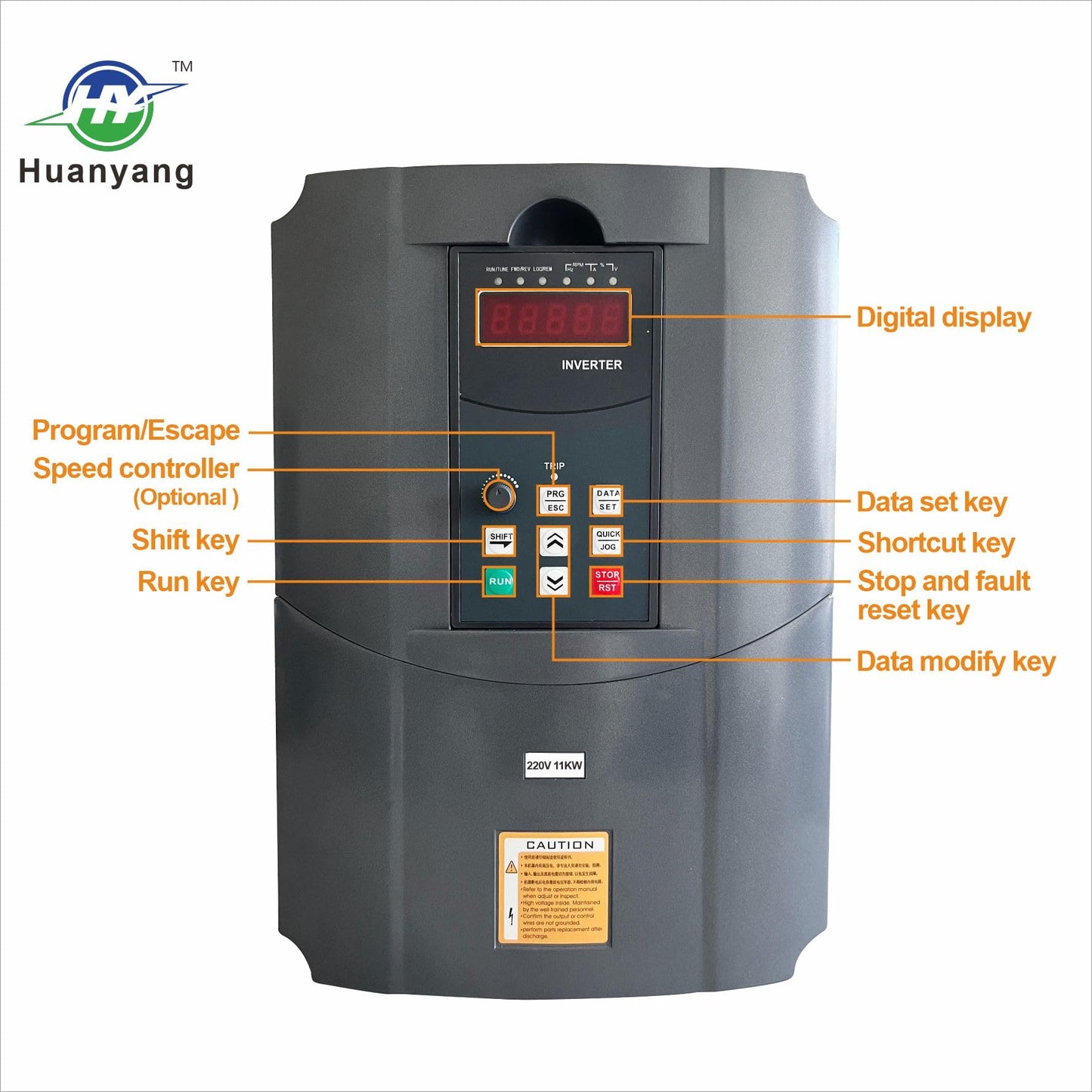 HY HUANYANG Variable Frequency Drive VFD Vector Single to 3 Phase Converter, for Motor Speed Control,220VAC Input/Output (GT Series 11KW-15HP Model)