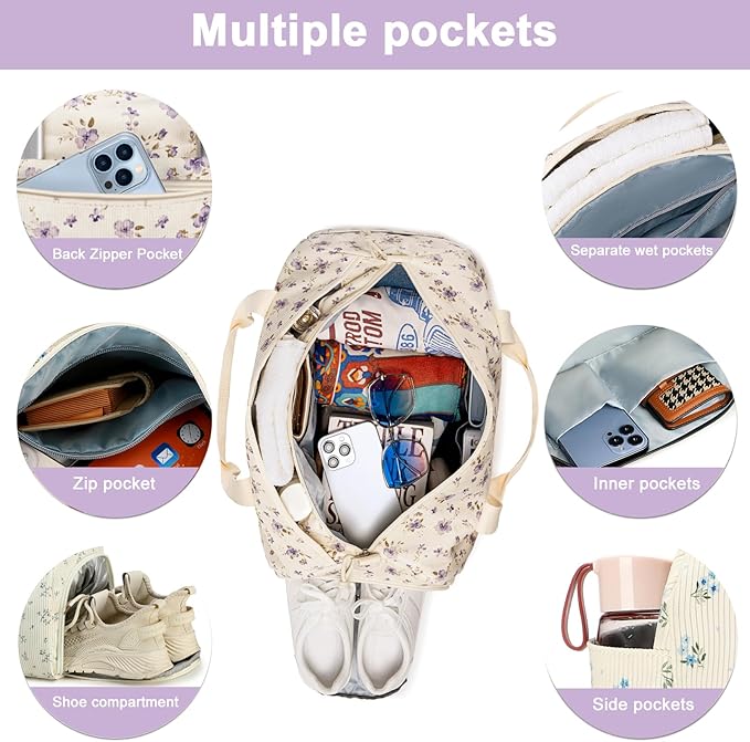 Duffle Bag for Gym Sports Women Girls Workout Travel Bag Weekender with Shoe Compartment and Wet Pocket