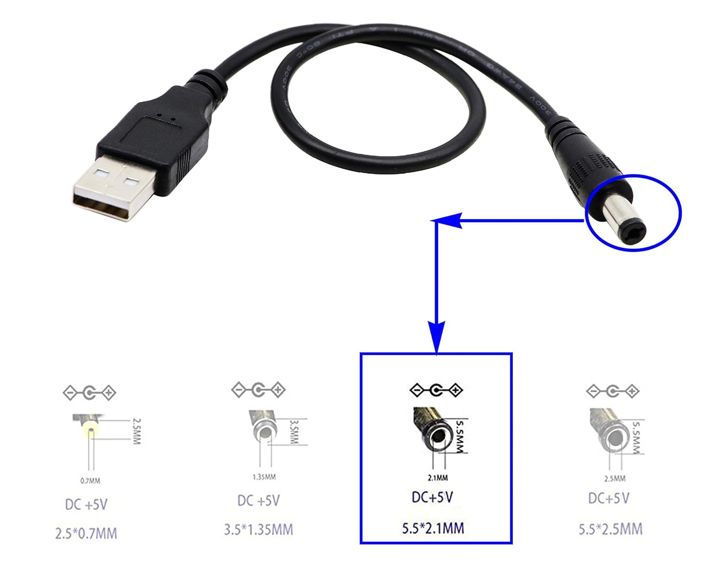 zdyCGTime 2.0 5.5x2.1mm 5 (28CM/11inch, 5.5x2.1mm)(2packs) USB A Male to DC Male Adapter Cable Volt DC Barrel Power