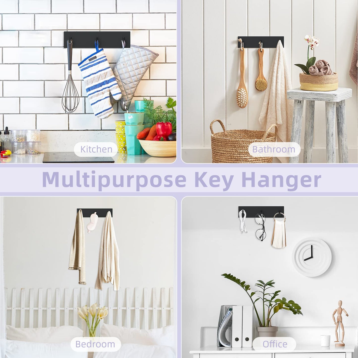 VIS'V Key Holder Wall Mount, Small Metal Self Adhesive Key Hanger with 3 Hooks, No Drilling, Extra Adhesive Strip, Black