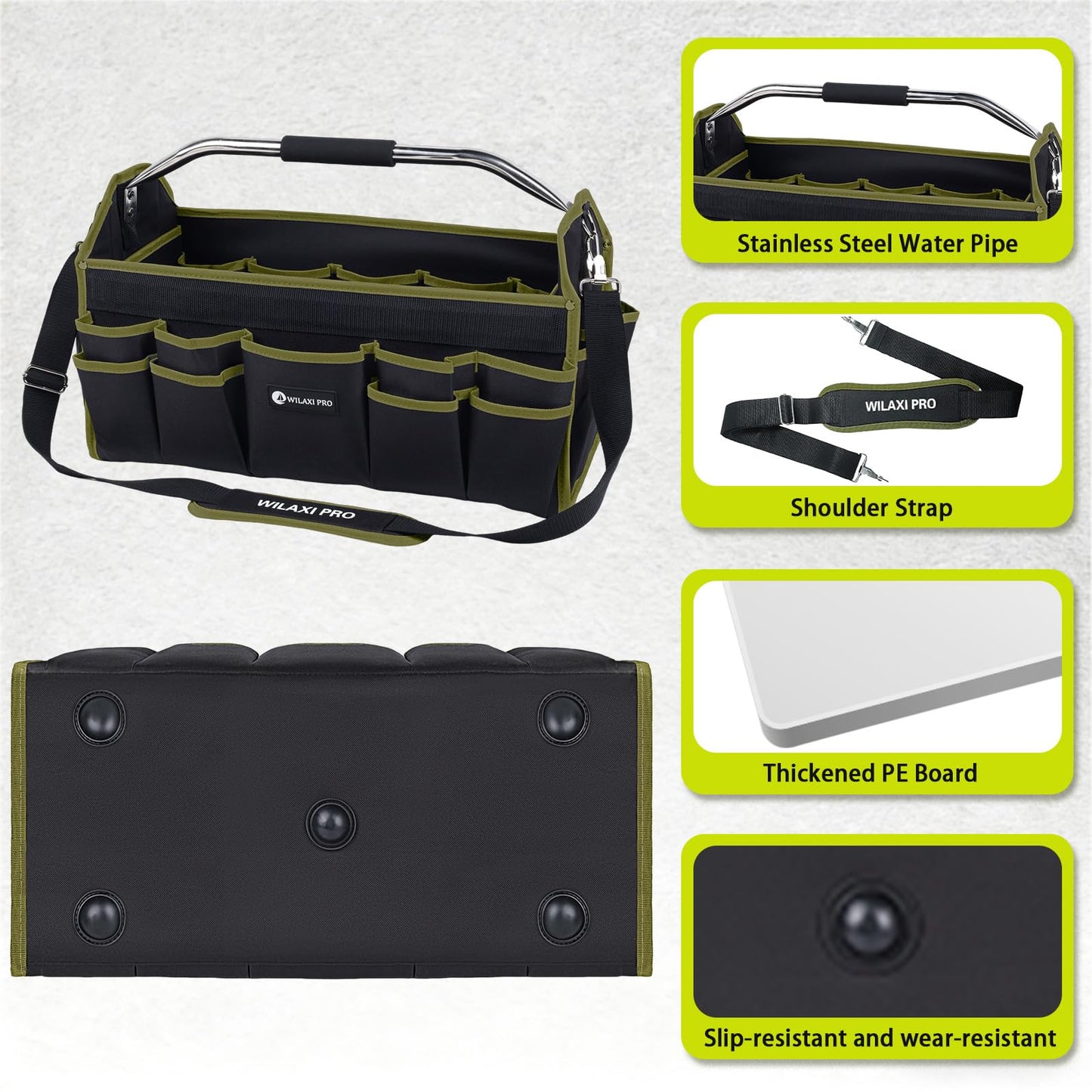 WILAXI PRO 20in Foldable Open Top Tool Bags For Men Heavy Duty, Tool Carrier hard With Handle, Wide Mouth Electrician Tool Tote, Many Pockets Can Hold Many Tool, Green