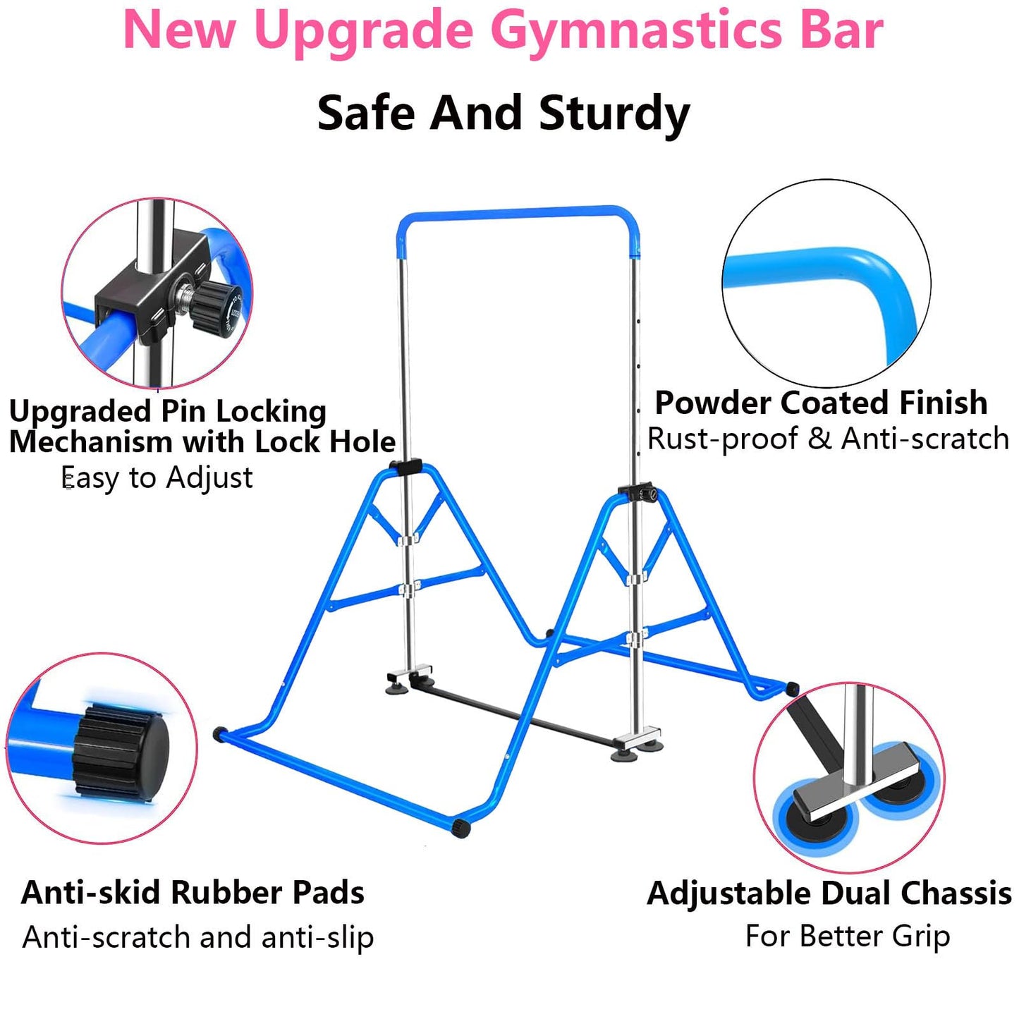 FCOUMY Gymnastics Horizontal Bar, Junior Training Kip Bar Gymnastics Equipment for Home, Adjustable Telescopic Height Folding Horizontal Bar with Gymnastic Rings for 3-12 Years Old Kids