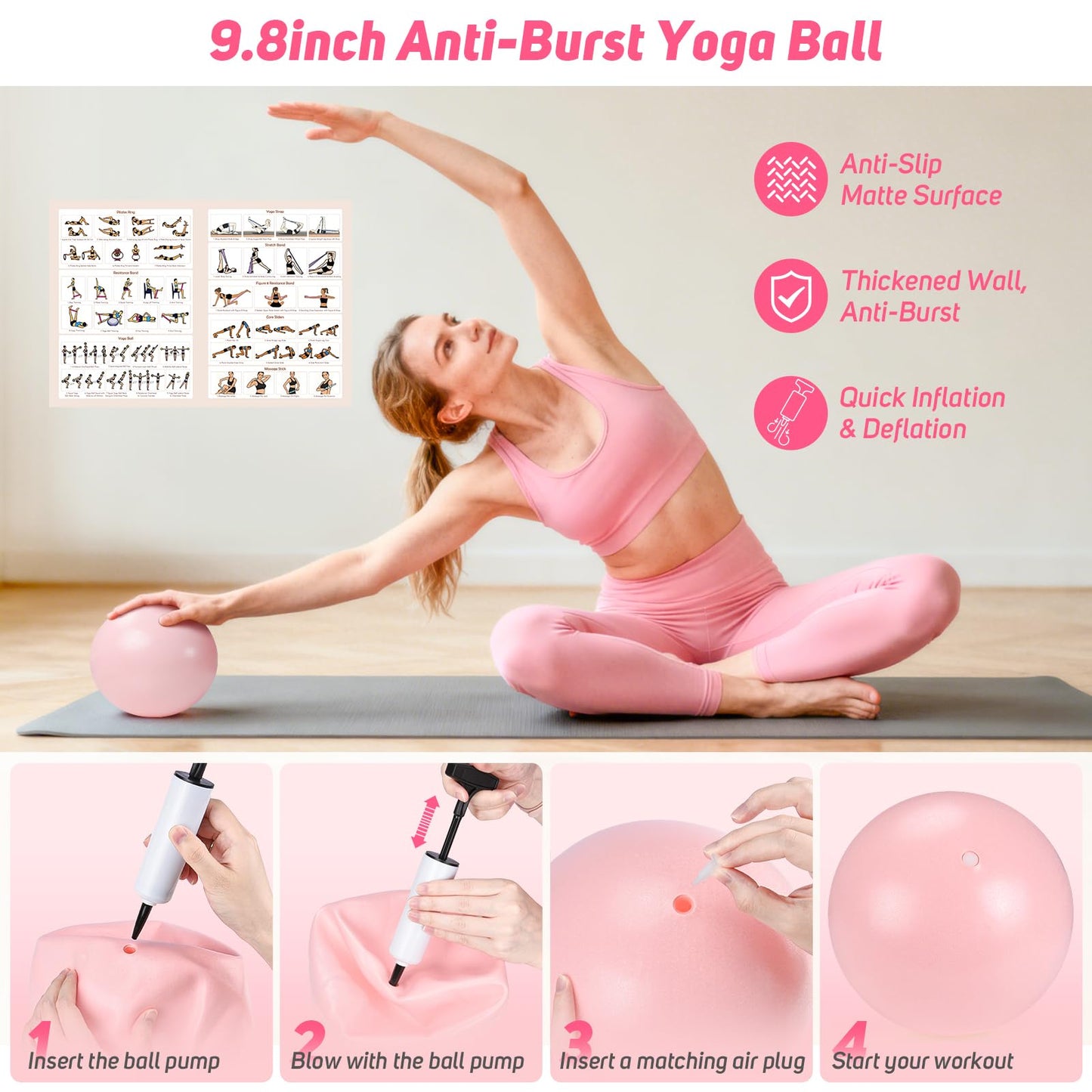 Home Pilates Kit for Women: Pilates Equipment Pilates Ring and Ball Set with Resistance Bands, Core Slider, Foam Roller, Pilates Essentials Kit for Beginner Home Workout, Compact Toning Fitness, Pink