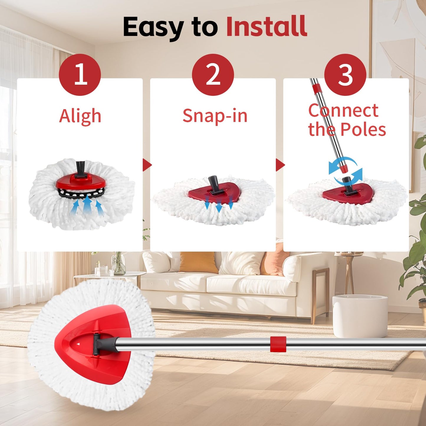 ANREKEYH Spin Mop Head, Base, Handle Replacement for O-Ceda EasyWring Microfiber Spin Mops, 2 Microfiber Mop Refills, 1 Triangle Head Cover and 30-58in Handle Set Combo (White(1 Tank System))