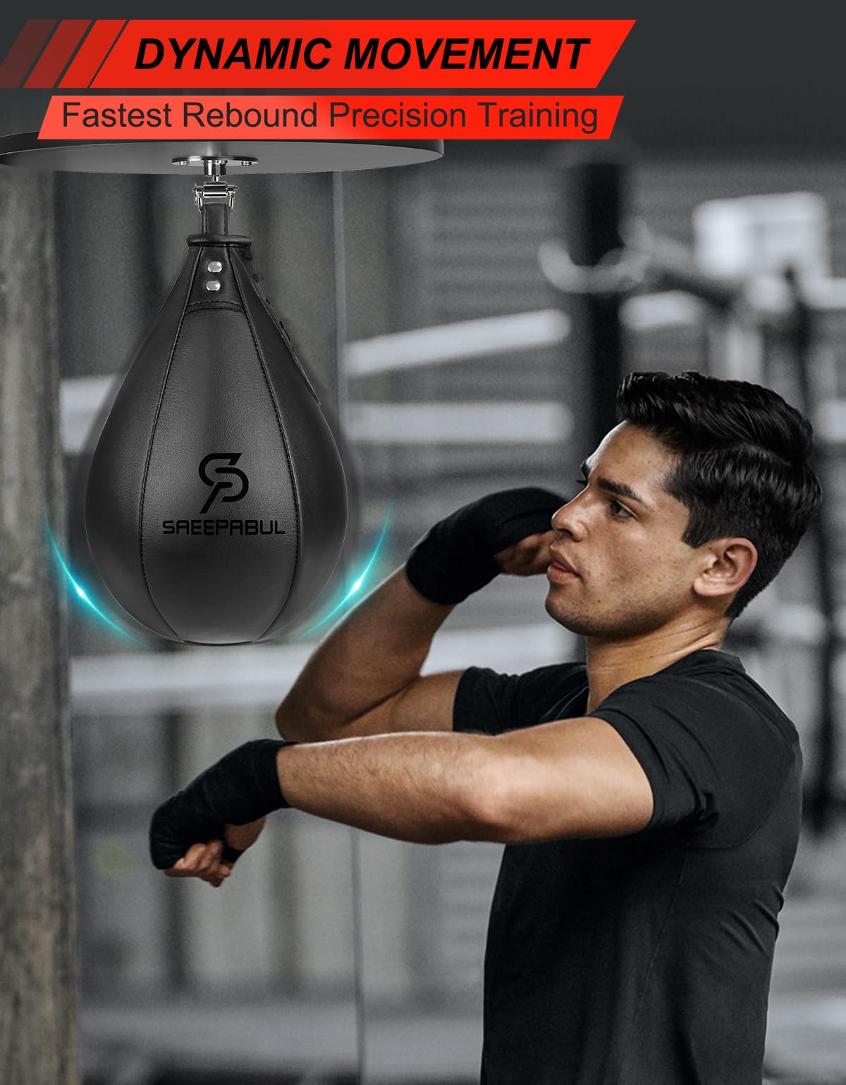 SAEEPABUL Boxing Speed Bag for Adults - Professional Synthetic Leather Punching Bag with Latex Bladder, Adjustable Training Equipment for Home Gym Fitness Black