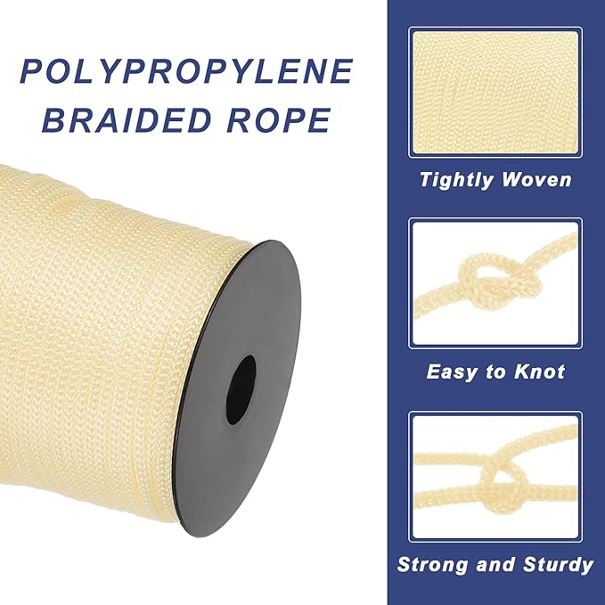 MECCANIXITY 5/32 Inch Polypropylene Rope Braided Ropes, 328ft Camping Rope Hollow Utility Cord for Clothesline, Hiking, Outdoor, Creamy White