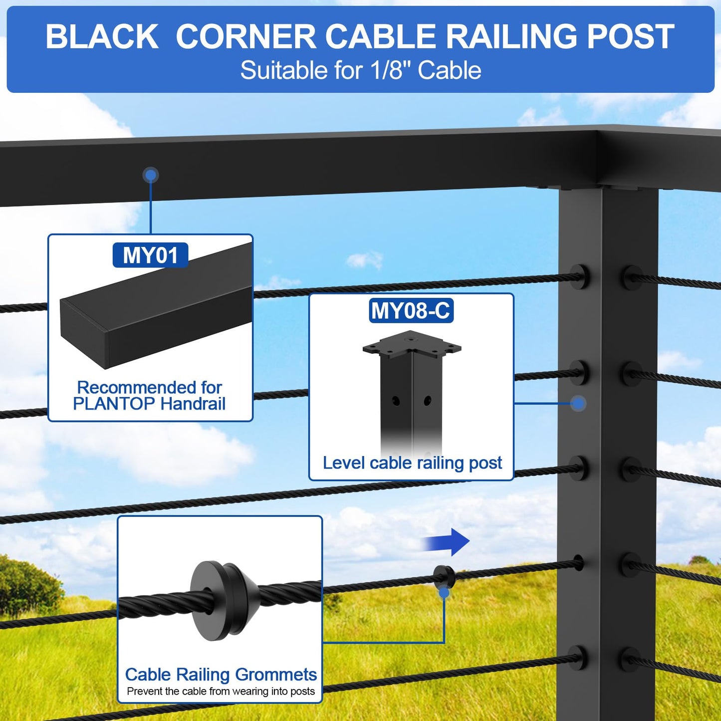 PLANTOP 36" Cable Railing Corner Post(Post 35"x2"x2"), 2 Pack 90° L-Drilled Flat Top Corner Post, Stainless Steel Black Surface Mount Deck Cable Railing Post for Indoor Outdoor, MY08-C