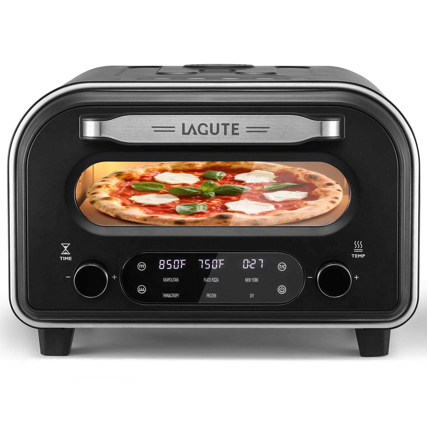 Lagute Electric Pizza Oven - 12-Inch Countertop Indoor Pizza Maker with 6 Presets, 850°F High Heat, Dual Heating Components, Pizza Stone & Peel Included