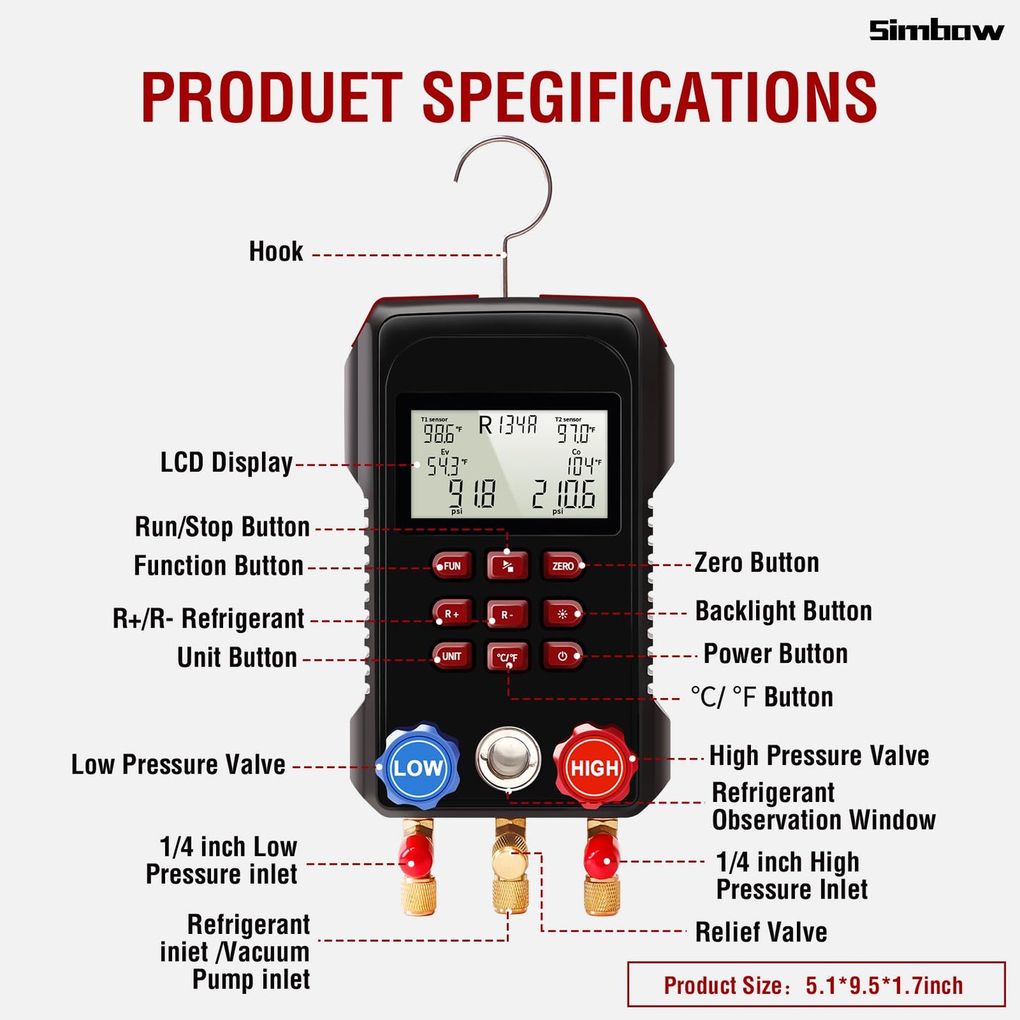 Simbow Digital Manifold Gauge, AMF-300 Digital AC Gauge Set HVAC Gauges with Super Soft 3000 Psi Air Hose Strong Biting Force Temperature Clamp for HVAC System Install Tool A2L R454B R-32 R-1234yf