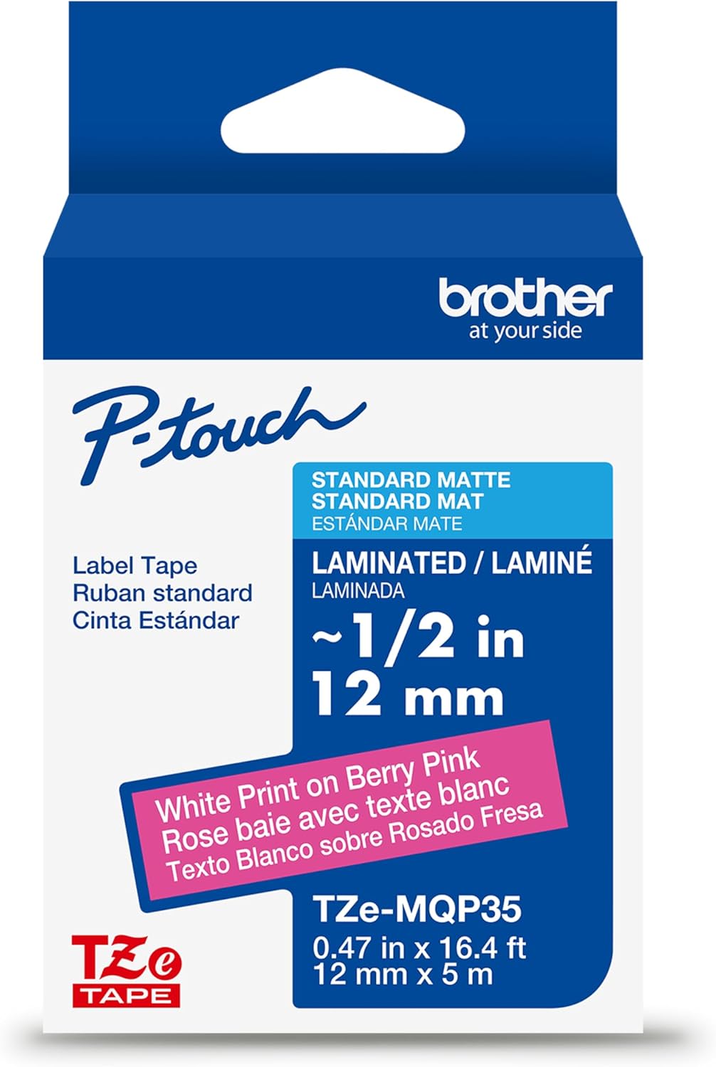 (TZeMQP35), Laminated,1/2in 16.4ft (12mm 5m), Brother Genuine P-Touch TZe White Print on Berry Pink Label Tape x x