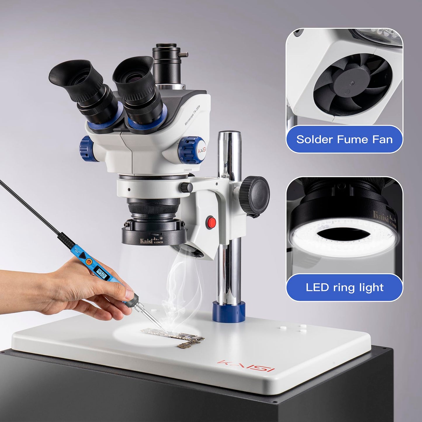 Kaisi TX-350E Professional Soldering Microscope,Trinocular Stereo Microscope, 7X-50X Magnification and WF10x23 Wide Field Eyepieces,Lab Stereo Zoom Microscopes for Electronics Repair