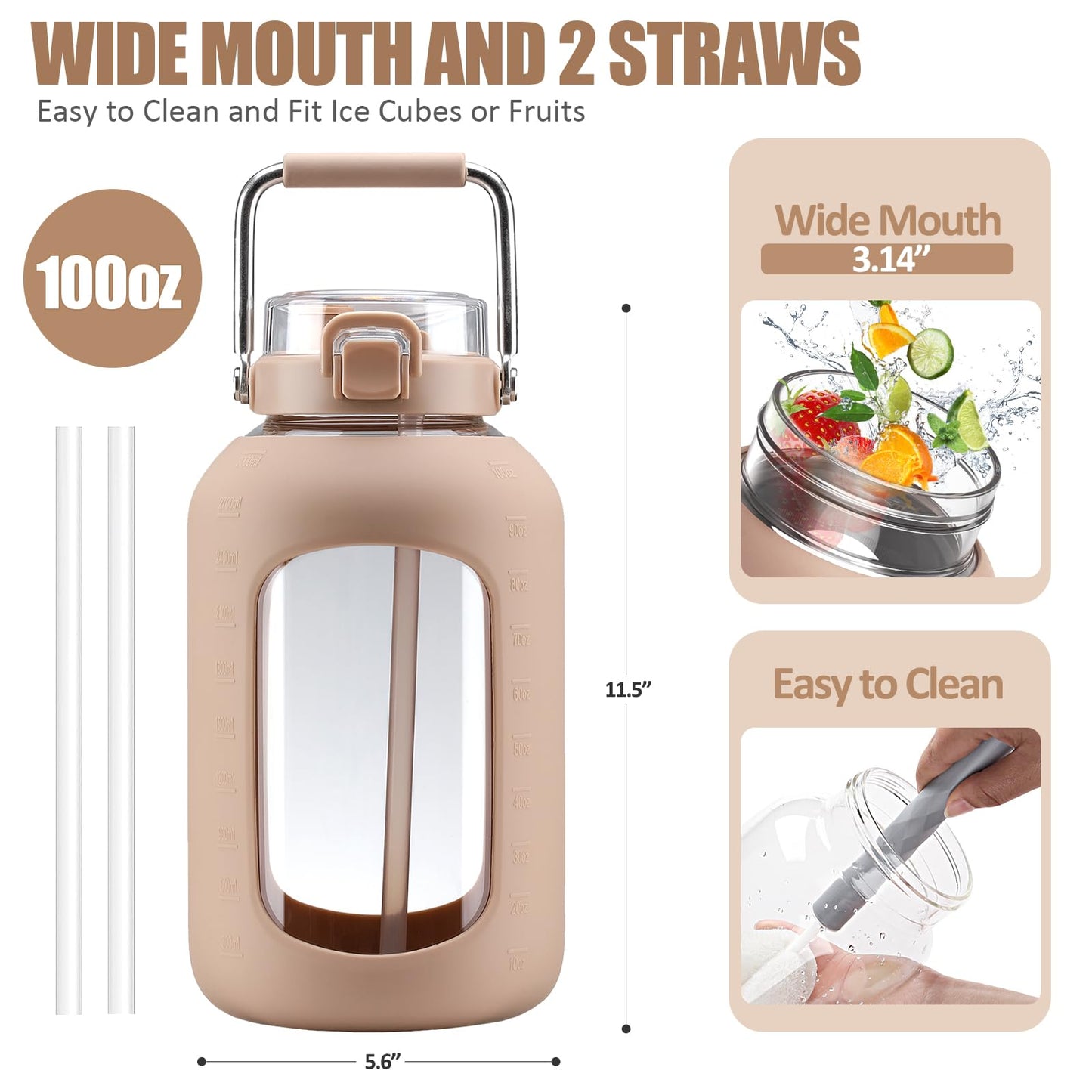WINSA Large Glass Water Bottles with Stainless Steel Handle,100 oz Gallon Drinking Bottle with 2-in-1 Straw Lid,3 Liter Glass Water Jug with Silicone Sleeve,Wide Mouth,Amber