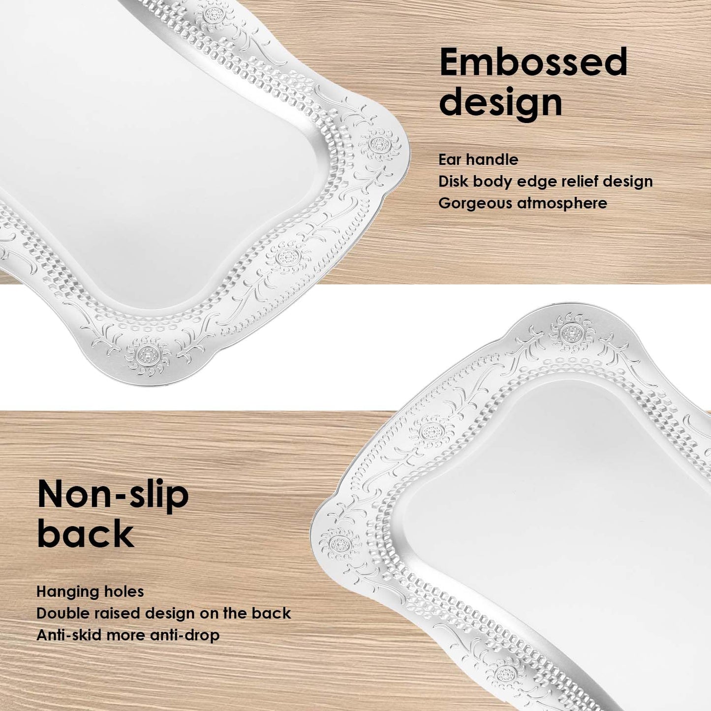 10 Pcs Plastic Serving Trays Rectangle Platters for Dessert Display Tray for Decoration Embossed Serving Platter Dish for Parties, Weddings, Engagements, Birthdays (13" x 9",Silver)