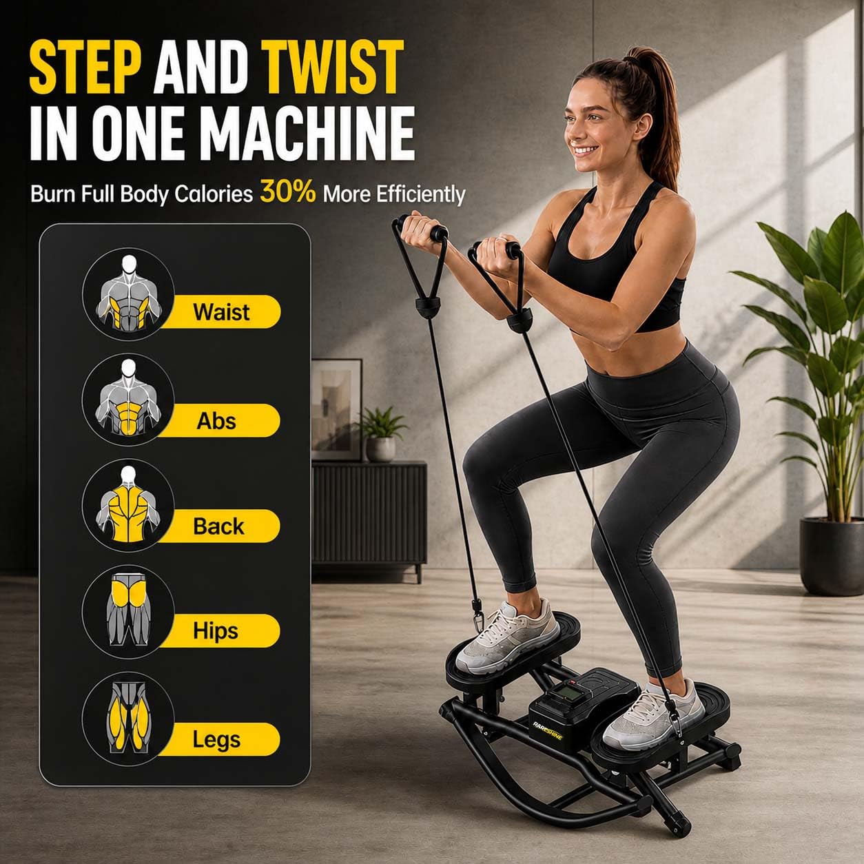 Rocking Stepper for Home Workout – 3D Motion Stair Stepper with Resistance Bands, Full Body Cardio and Strength Training Equipment, 150kg Load Capacity Exercise Machine