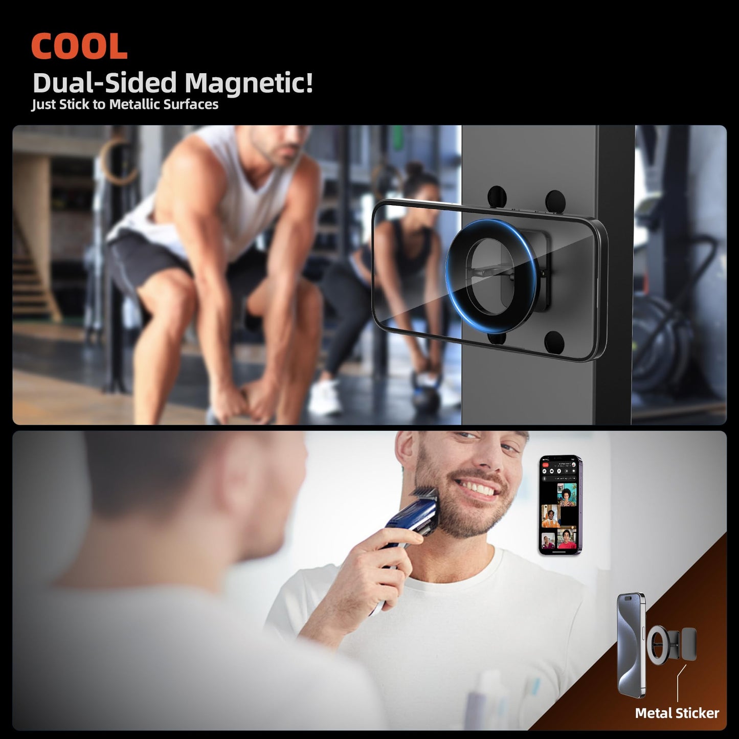 BANGMANG Dual Magnetic Phone Holder for Gym, Workout, Kitchen or Any Metal Surface, Magnet Base Mount & Strong Magnet Phone Mount for iPhone 17/16/15/14/13/12/ Series MagSafe Case All Phones