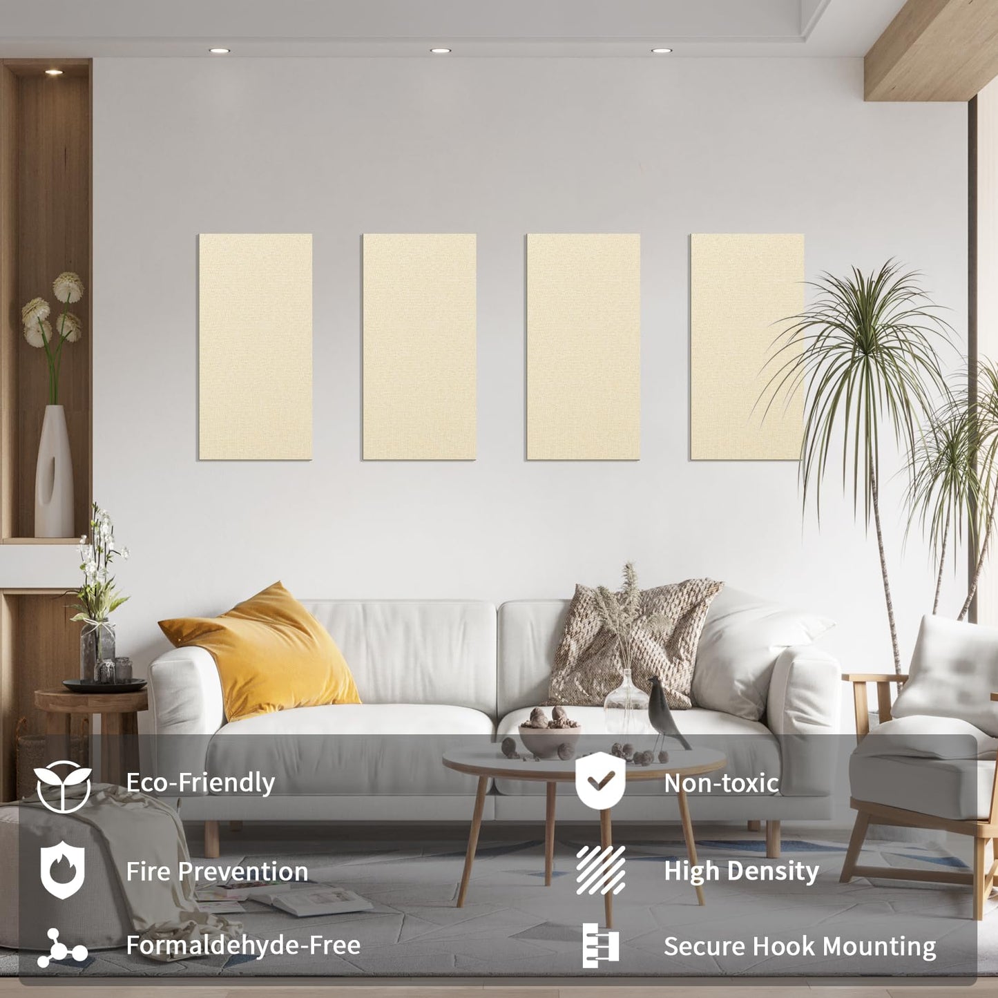 Art3dwallpanels 4 PCS Acoustic Panels, 24''x12'' Fabric Soundproof Wall Panels, Easy-Hook Mounting Sound Absorbing Panels for Studios, Office, Home Theater, Linen