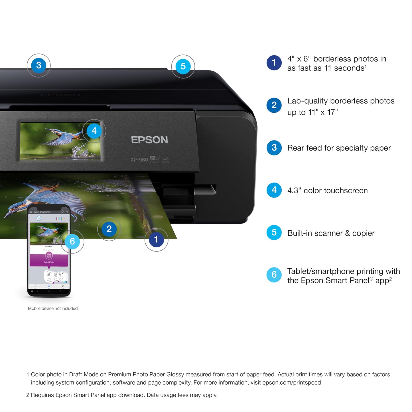Epson Expression Photo XP-980 Wireless Wide-Format Printer with 6-Color Claria Ink System, Borderless Printing up to 11" x 17", Fast 4" x 6" Photo Printing, Built-in Scanner and Copier