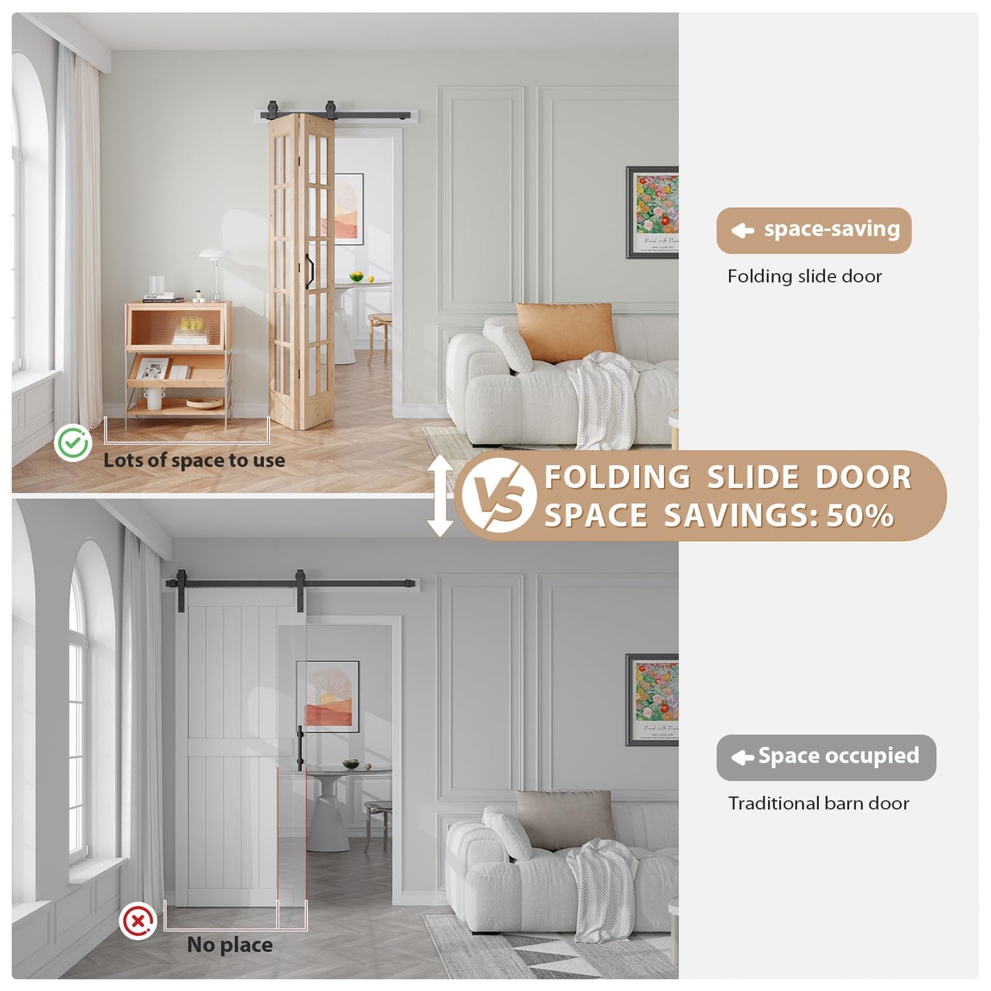 Easelife 36 x 84 in (Double 18x84 inch) Bifold French Glass Door,Sliding Folding Barn Doors with 3.3FT Hardware Track kit Included,Preassembled,Easy Install
