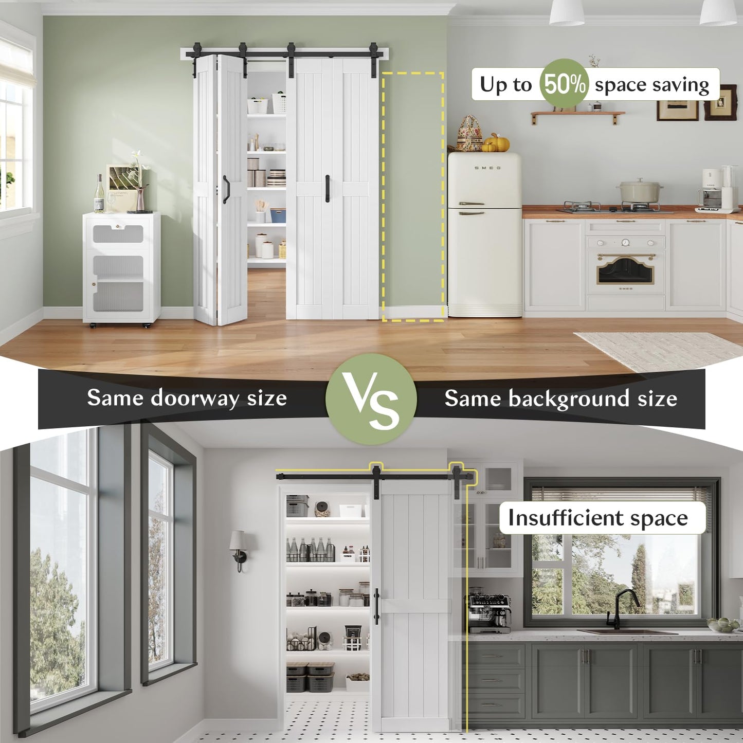 Finosen Bifold Barn Door 72 x 84 in (Four 18x84 Inch),Bi-fold Sliding Closet Doors with Hardware Track kit Included 6.6ft Rail for 4 Doors and Track Connector,Save Space,DIY Assembly.