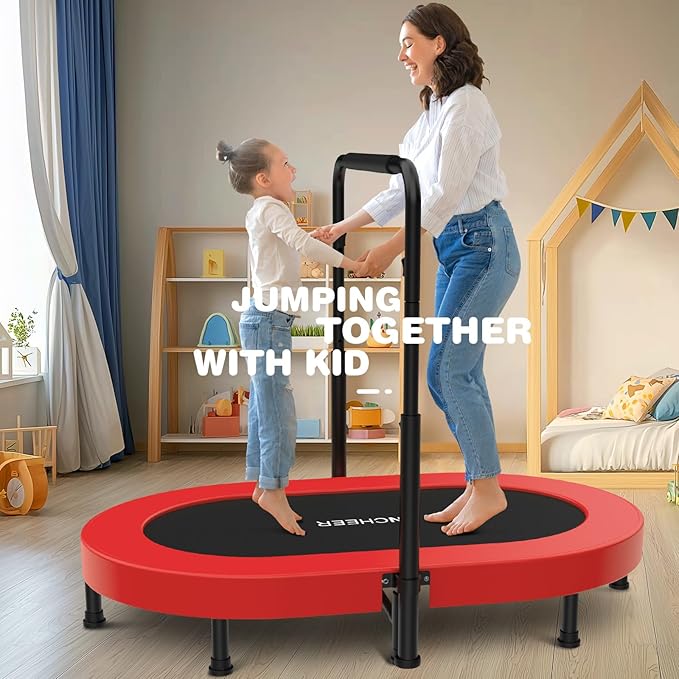 ANCHEER 56'' Foldable Mini Trampoline with Adjustable Handle - Indoor/Outdoor Rebounder for Kids & Toddlers Safe Oval Fitness Trampoline with Bar for Home Fun