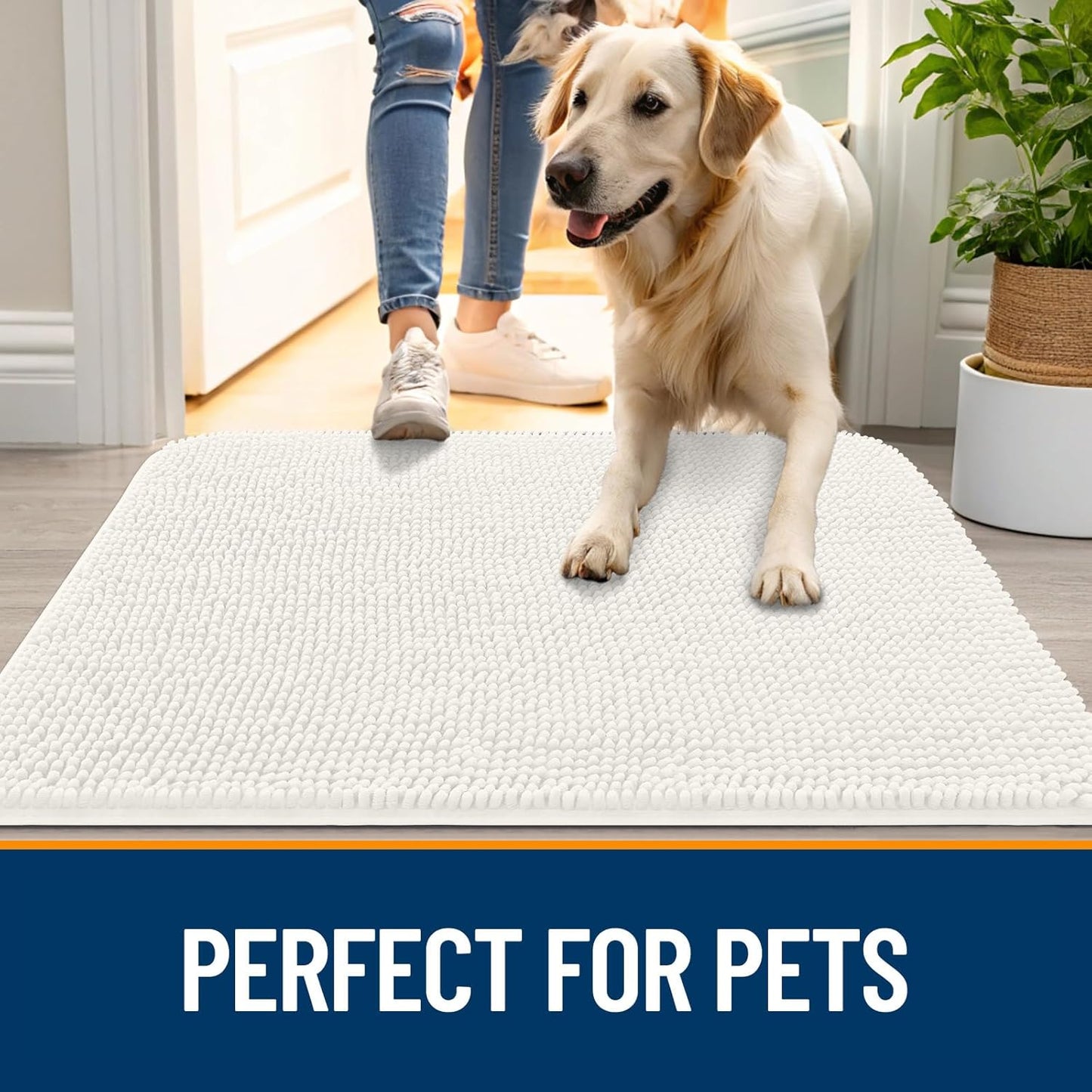 OLANLY Dog Door Mat - Absorbent Non-Slip Mud Mat for Dogs | Quick Dry Chenille, 47x20, Ivory