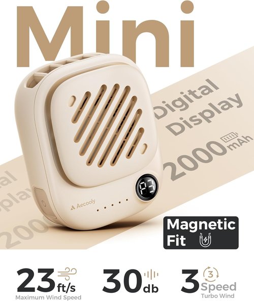 Aecooly Mini Portable Neck Fan - Hands-Free USB Rechargeable Design | 10H Max Cooling Time - Beige