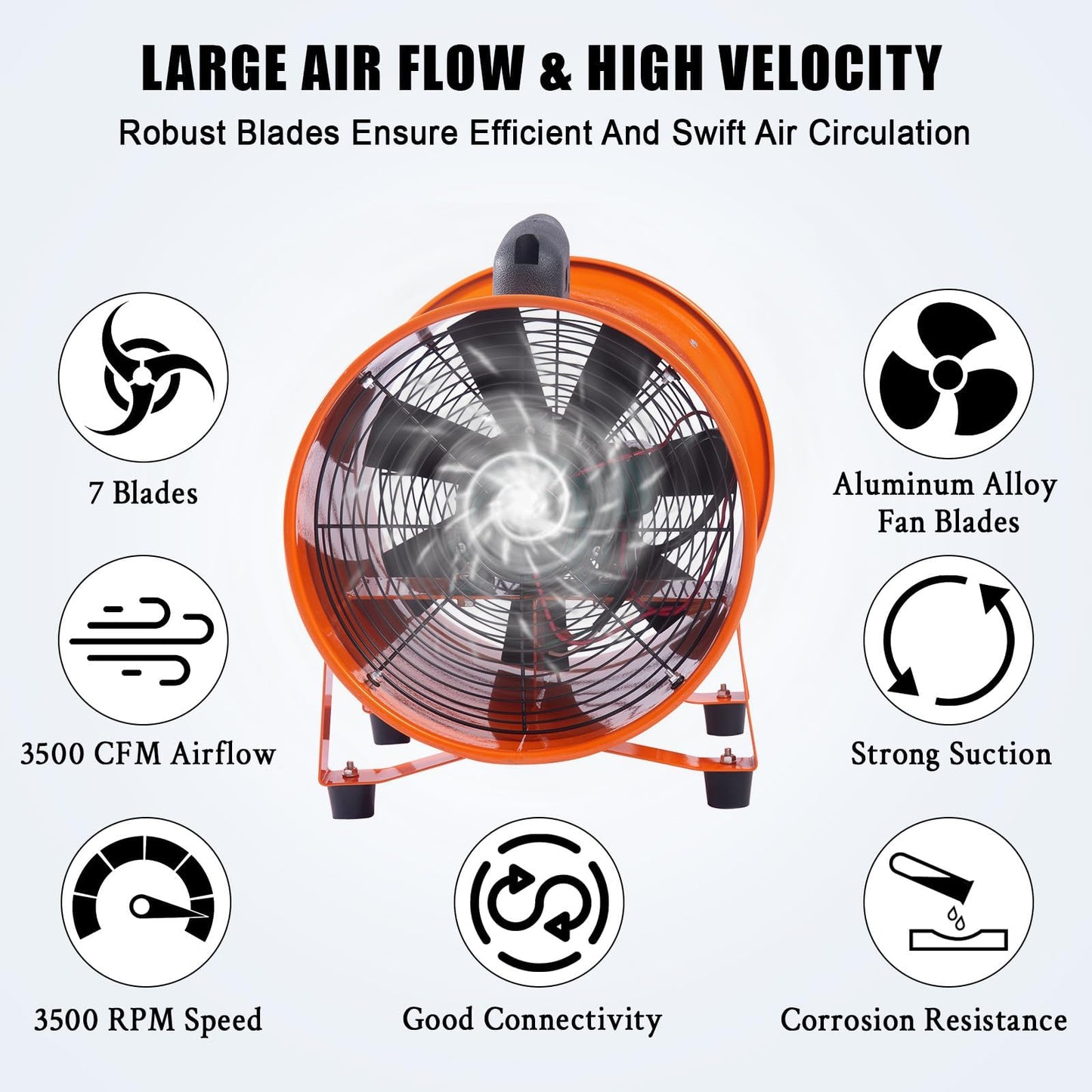 GarveeHome Utility Blower Exhaust Fan 12 Inch 3500 CFM,3500 RPM High Velocity Low Noise Ventilation with 16.4 ft Duct, Heavy Duty Workshop & Confined Space Ventilation Fan