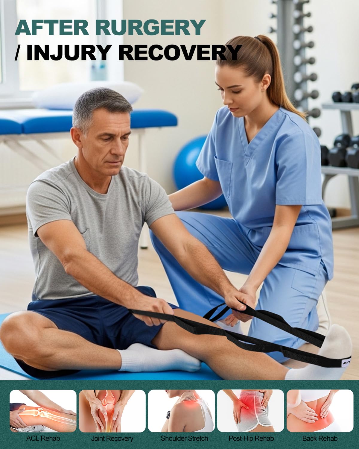 Trideer Stretching Strap with Loops & Leg Lifter, Non-Elastic PT-Style Physical Therapy Strap for Knee Replacement Rehab, Hamstring, Calf & Back Stretcher Mobility, Hip, Shoulder & Yoga
