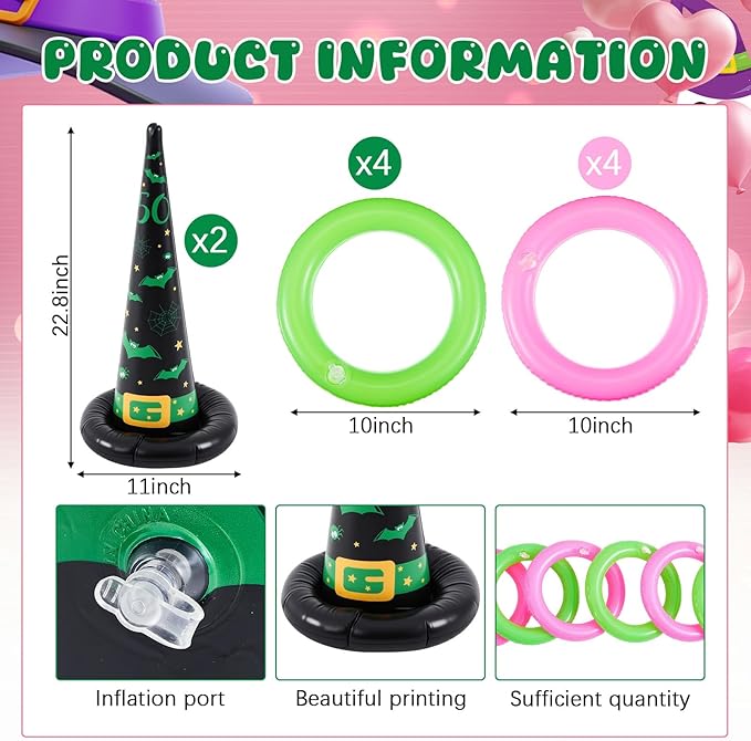 Leitee 10 Pcs Halloween Inflatable Witch Hat Ring Toss Game Set Carnival Pink and Green Inflatable Ring Toss Games Toys for Witch Themed Birthday Party Decoration Indoors Outdoors