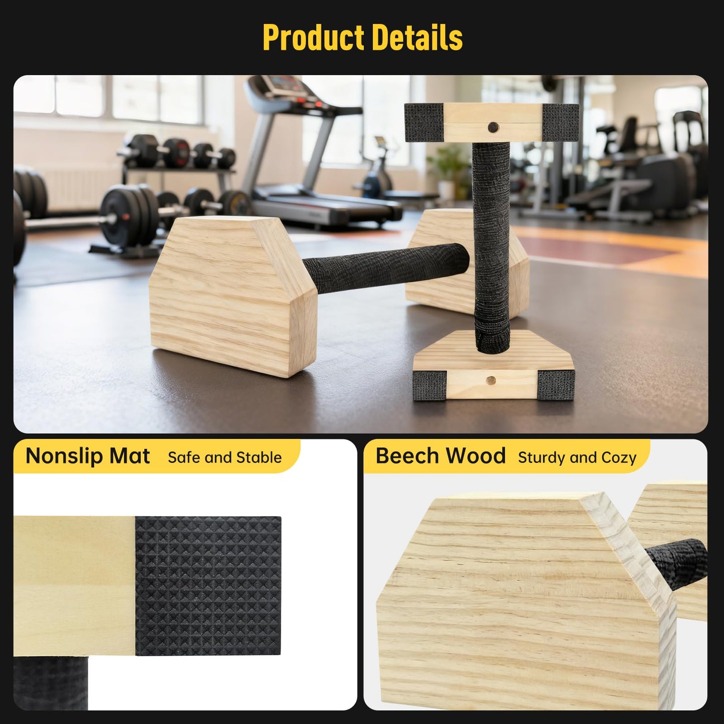 KISENG Push-up Stand, 9.84 in Wooden Parallettes Bars for Handstand Training, Solid Push Up Bars & Calisthenics Bar, with Non-Slip strap, Exercise Home Workout Equipment for Men Strength Training