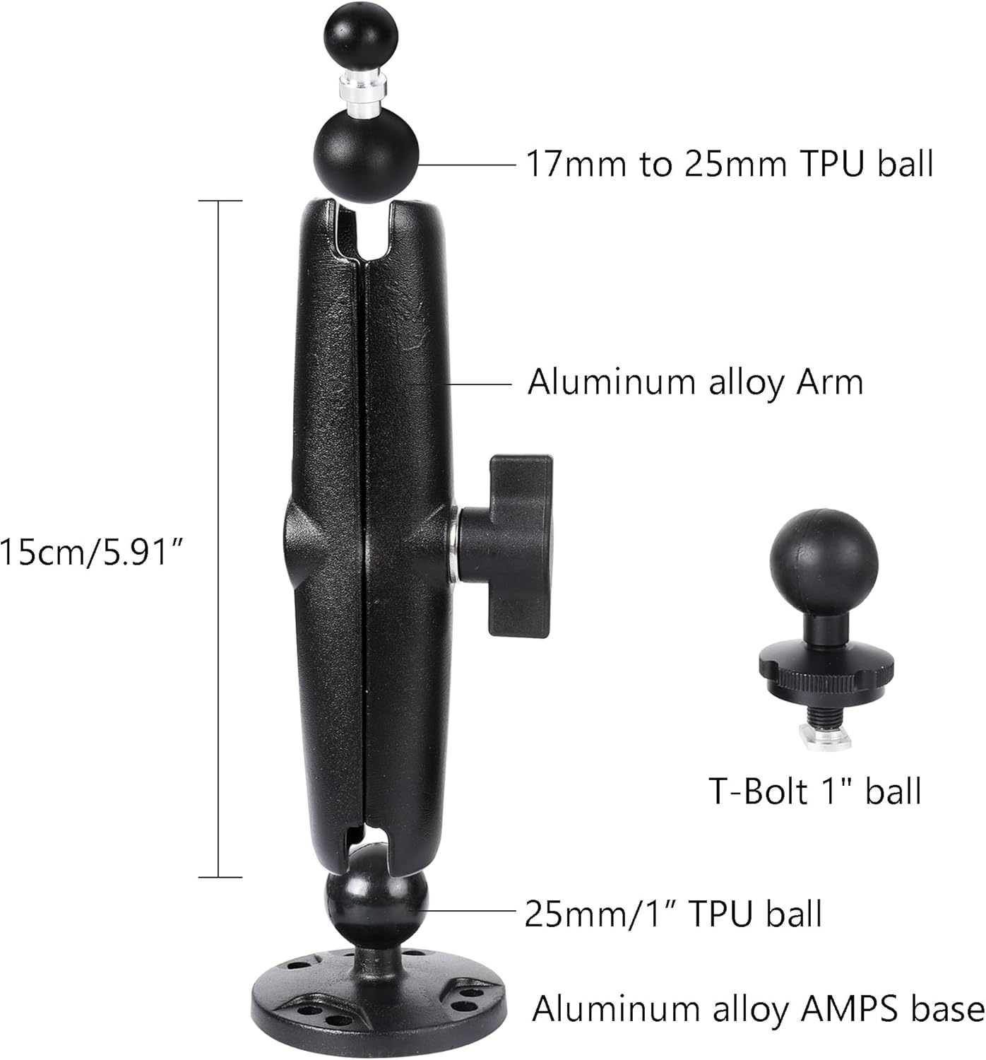 Leenconghui 5.9" 17-25mm (5/8"-1") Heavy-Duty GPS & Phone Mount Holder with Long Arm - Universal Ball Adapter/T-Bolt