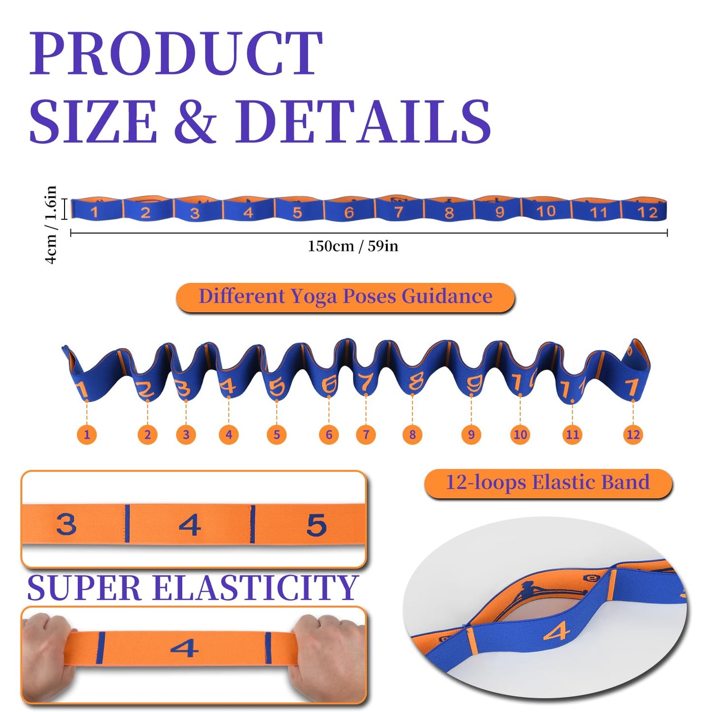 Elastic Yoga Stretching Strap with Loops, CEILIWEN Stretch Straps for Physical Therapy, Pilates Stretch Band, Elastic Exercise Bands, Leg Stretching Strap, Stretch Resistance Bands for Exercise
