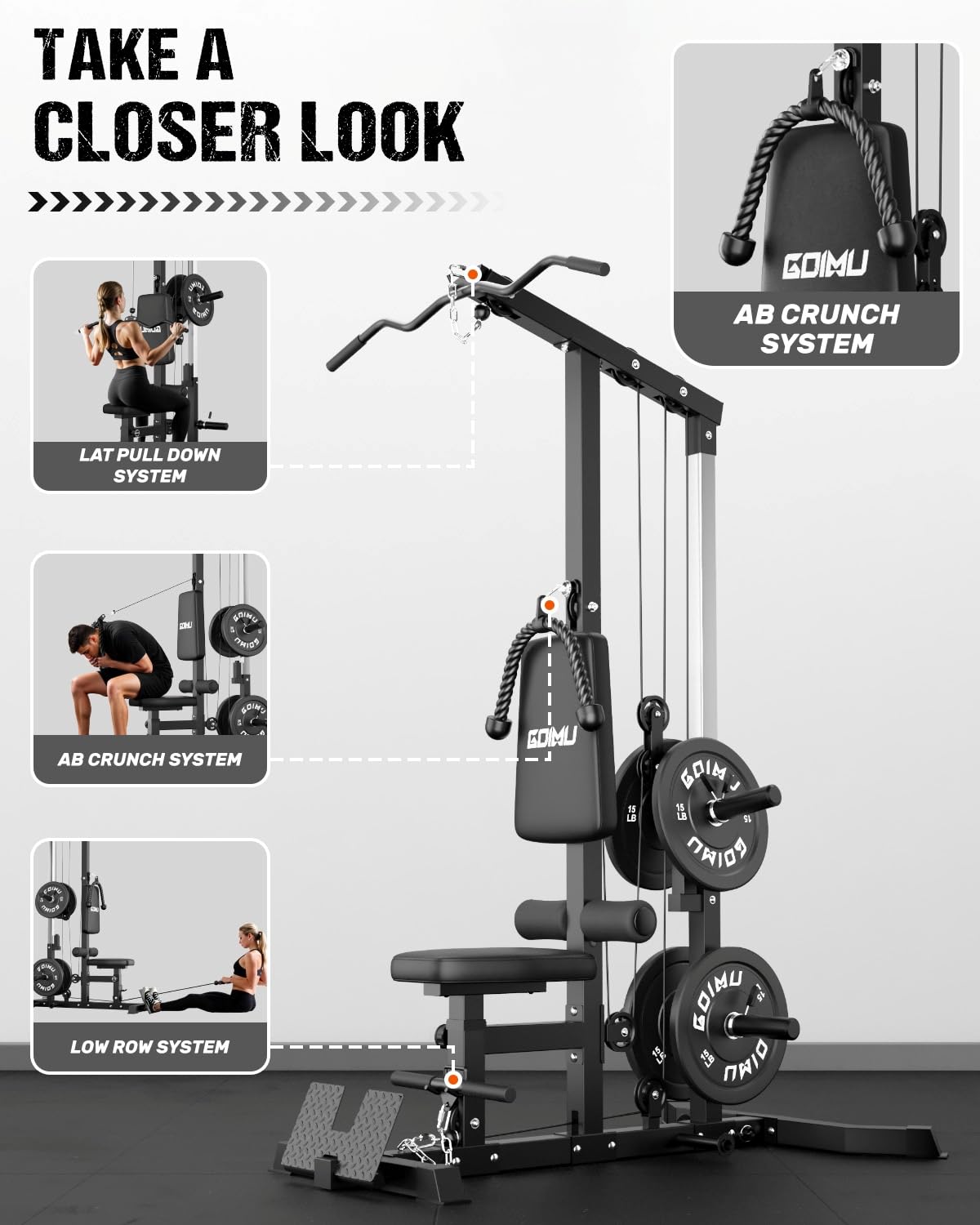 GOIMU LS01 LAT Pulldown Machine, LAT Row Cable Machine with AB Crunch, LAT Tower with Cable Row Attachment, 3 in 1 Pulley Stations for Home Gym(Black with 100lbs)