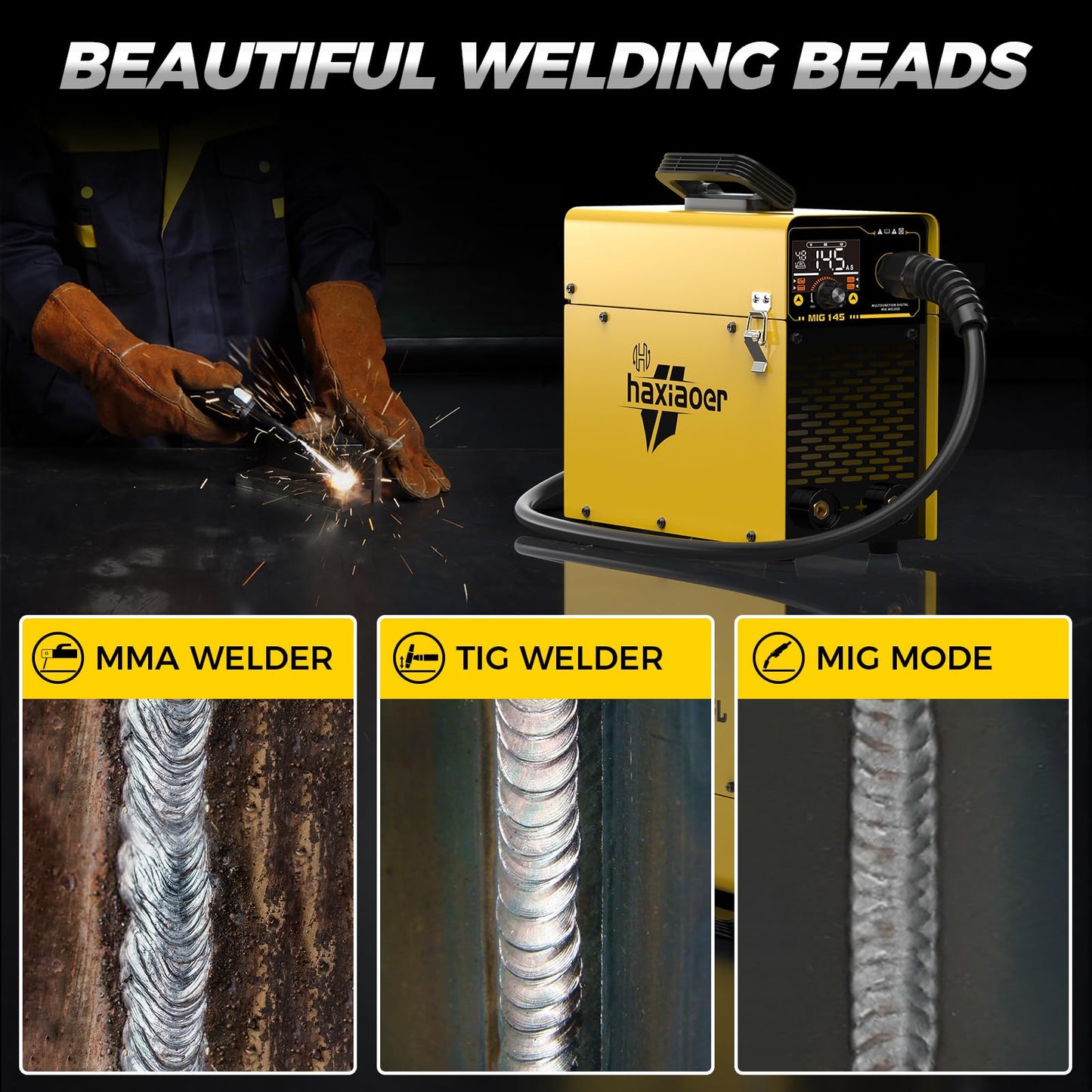 145 MIG Welder with LED Display IGBT Inverter Welder 110V Flux Core MIG/Lift Tig/Stick Welding Machine 2T 4T Three in One Professional MIG Welder for Home and Industrial Use