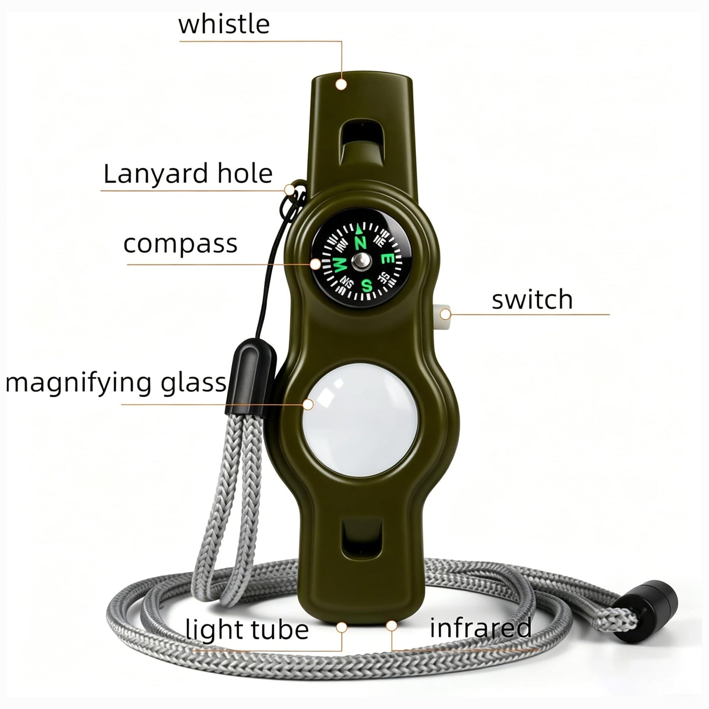 Emergency Survival Safety Whistle，Whistle for Kids with Lanyard,Compass,Thermometer,Ideal for Kayaking, Boating, Hiking, Camping, Climbing(Green)