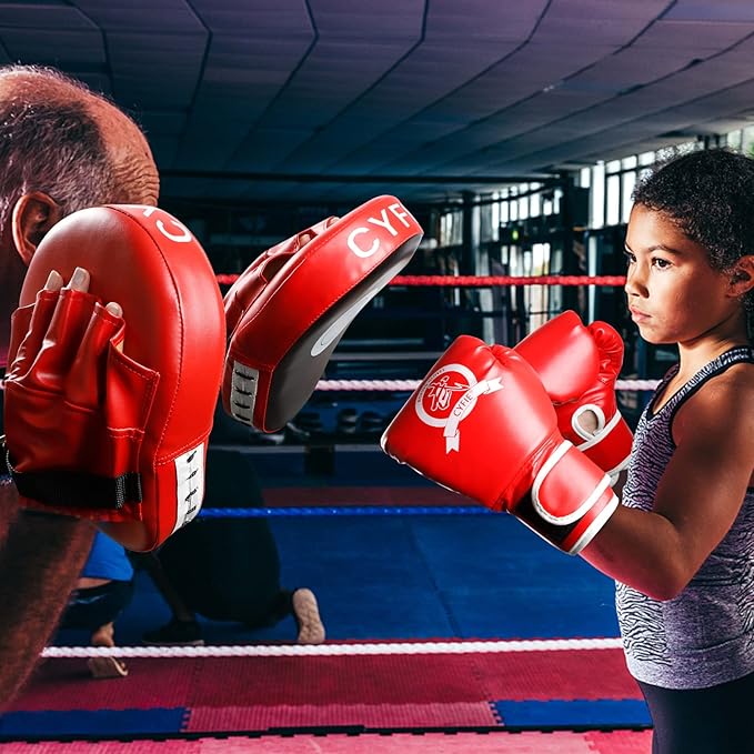 SEISSO Boxing Kick Pads Punching Mitts Curved,Kids Boxing Gloves,Leather Material Art Karate Pad Thai Hand Pad Focus Target Kickboxing Hand Target for Kicking Shield Training,Sparring,Dojo(5Pcs Set)
