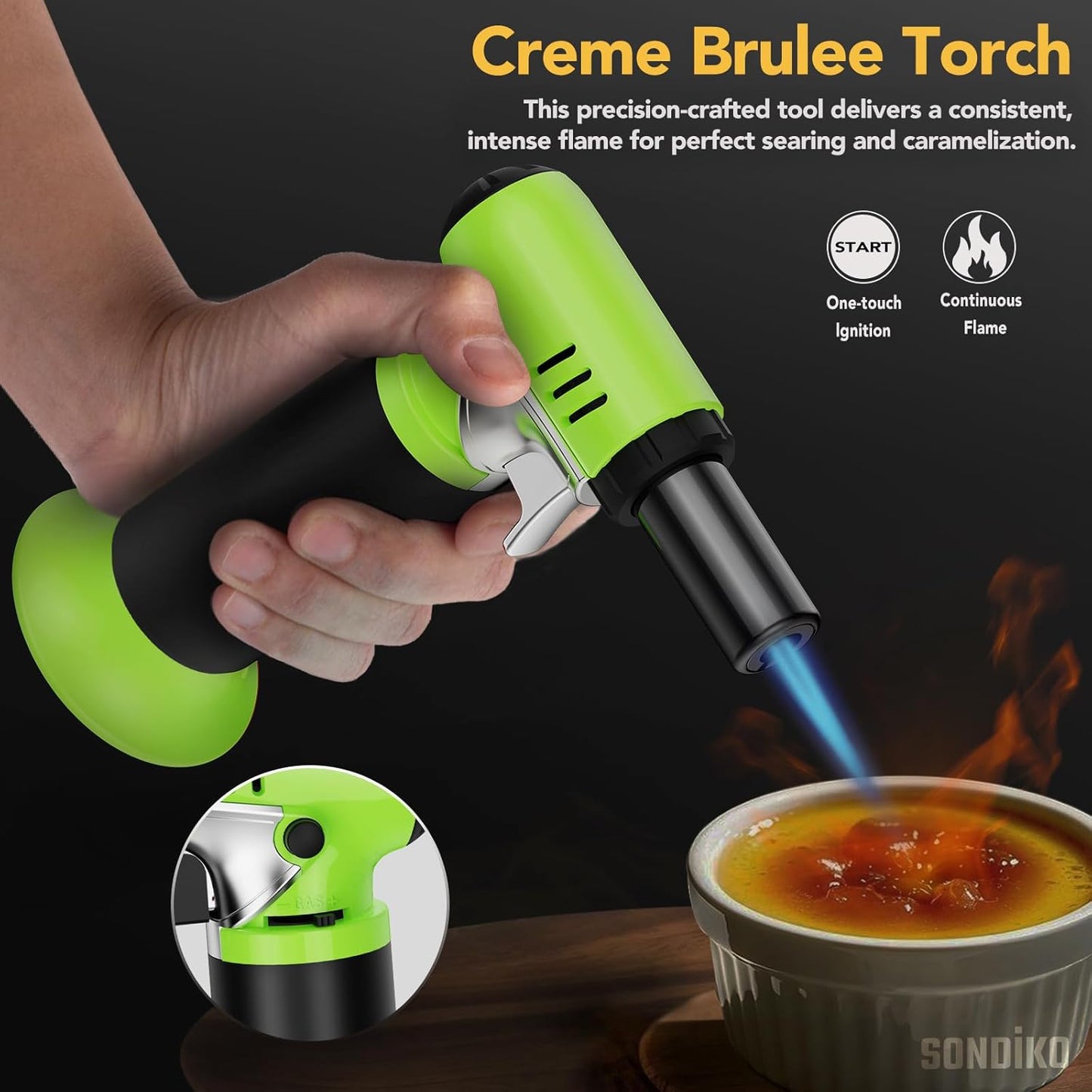 Sondiko Butane Torch - Refillable Soldering Lighter with Adjustable Flame & Fuel Gauge | Green & Black