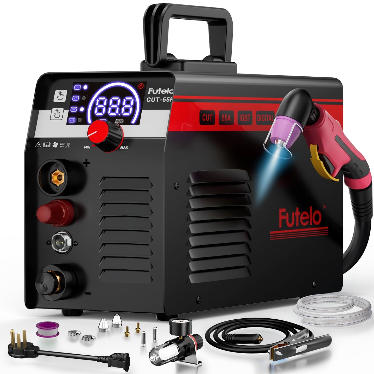 Futelo Plasma Cutter 55A, Non-Touch Pilot Arc Plasma Cutter Machine, 110V/220V Dual Voltage, Large LED Display, IGBT Inverter, 1/2” Clean Cut, Portable Plasma Cutting Equipment
