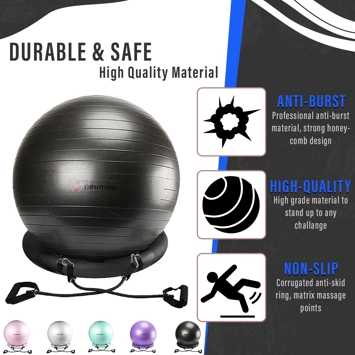 NEUMEE Yoga Ball Chair with 65cm Exercise Ball & 2 Resistance Bands, Stability Base for Home Office, Yoga, Pilates & Fitness, Balance Ball for Posture, Core Strength & Low Impact Workouts (Black)